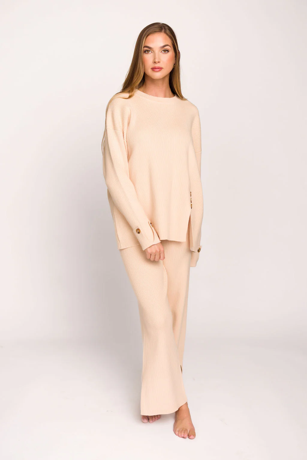 Theresa Side Button Detailed Knit Sweater and Pants Set in Champagne - Iieemm