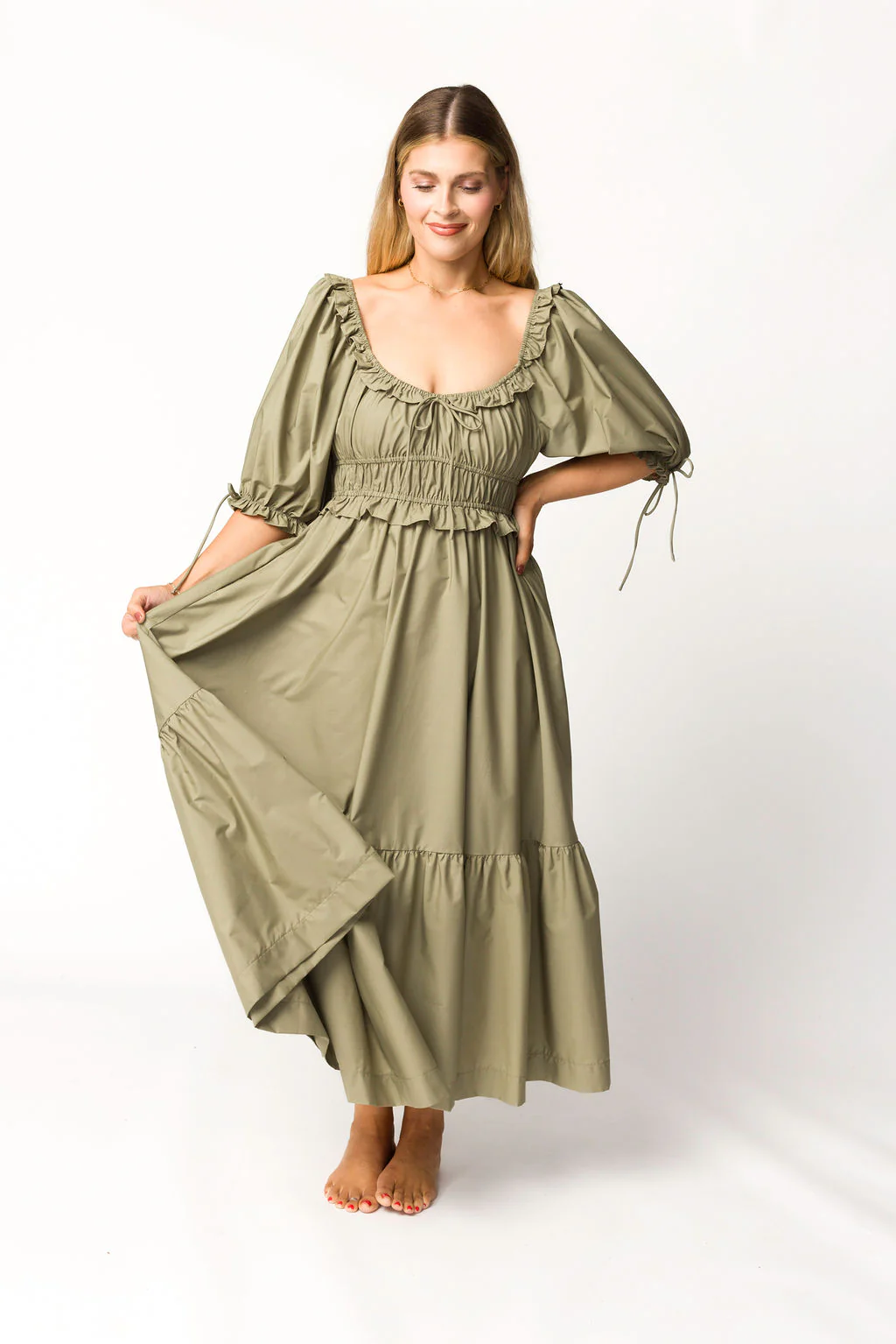 Crissy Ruched Midi Dress in Dusty Olive - Bump Friendly - Iieemm