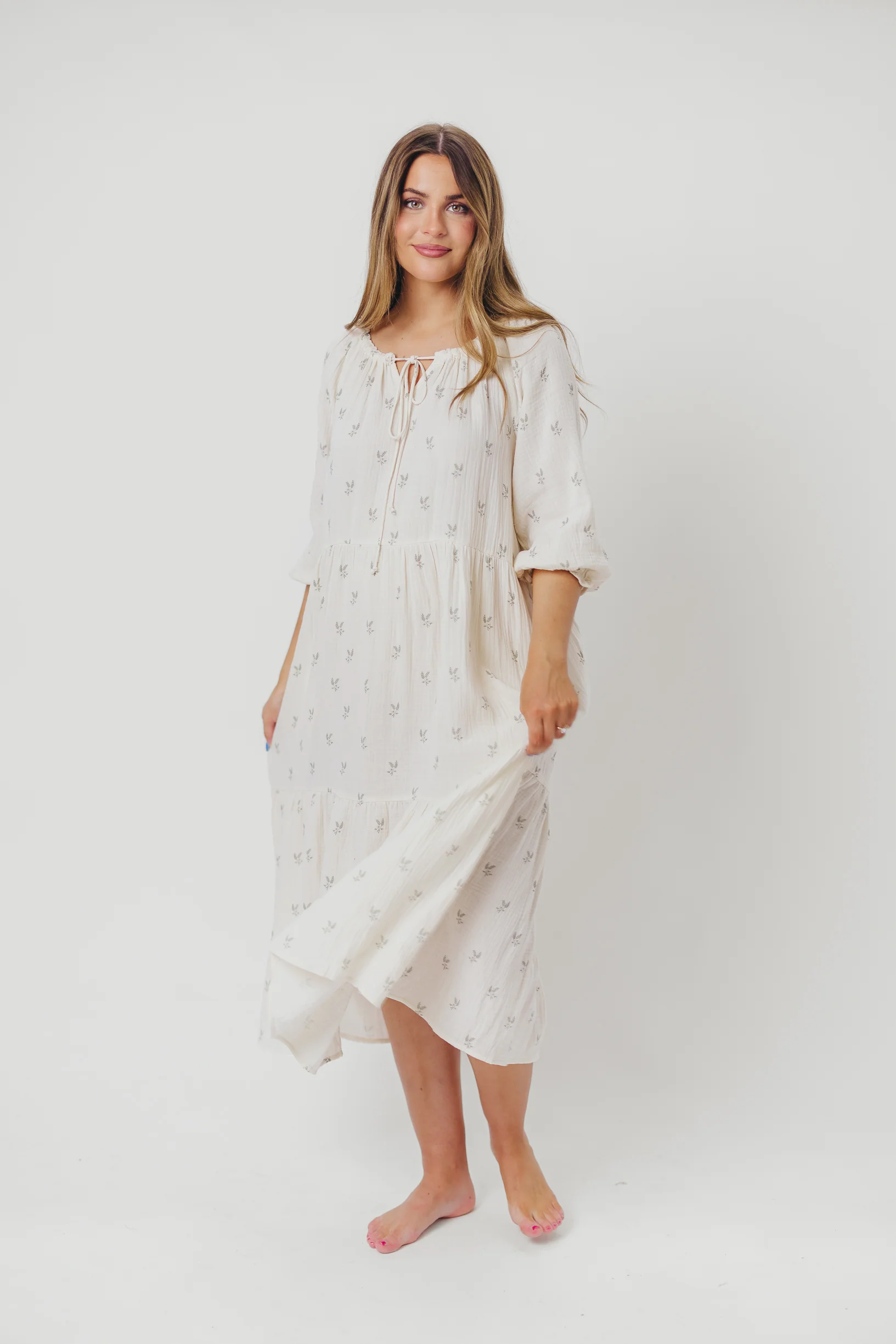 Avery Tiered Linen-Blend Midi Dress in Soy/Sage Foliage - Bump Friendly and Inclusive Sizing - Iieemm