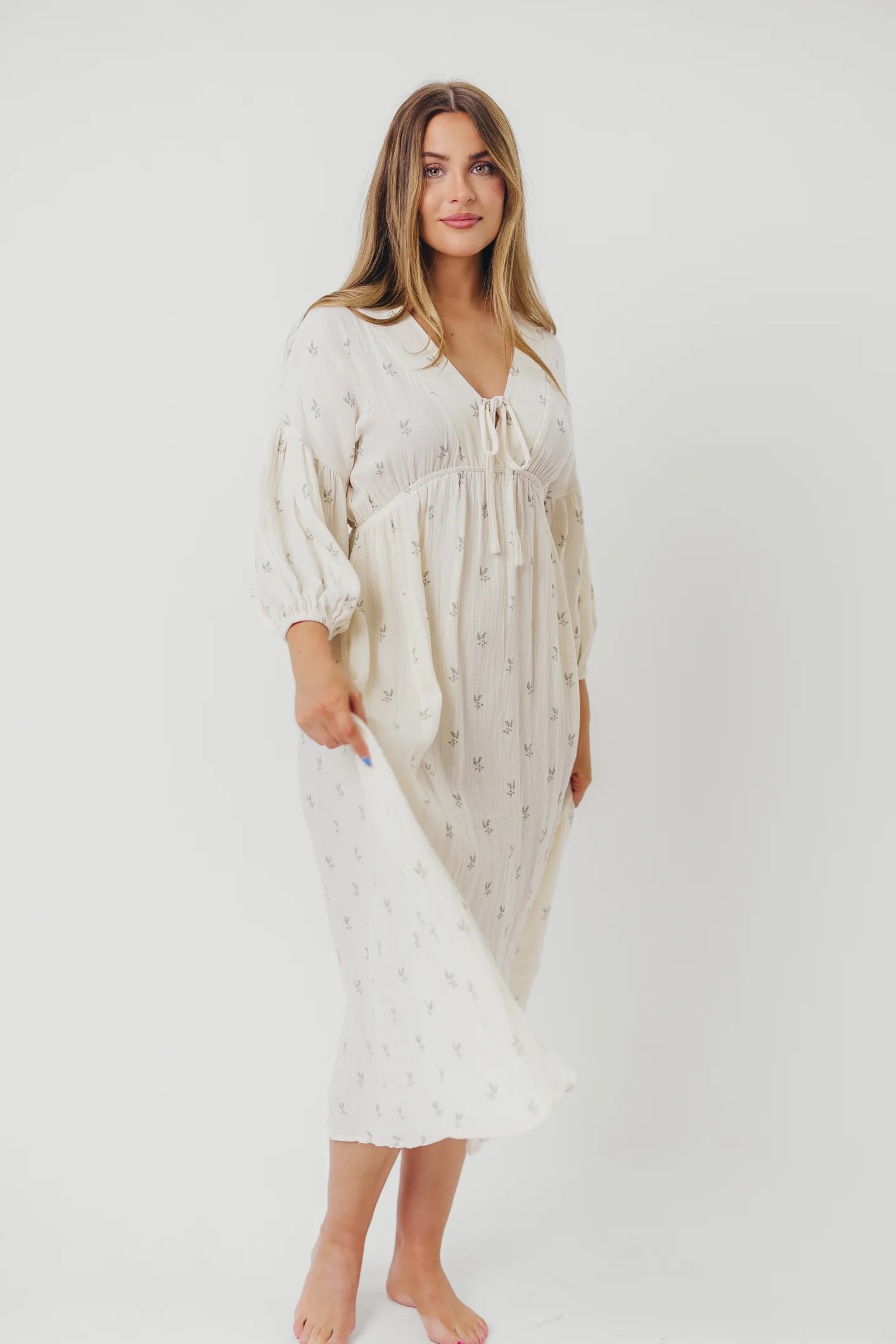 Hunter 100% Cotton Gauze Midi Dress in Soy/Sage Foliage - Bump Friendly and Inclusive Sizing - Iieemm