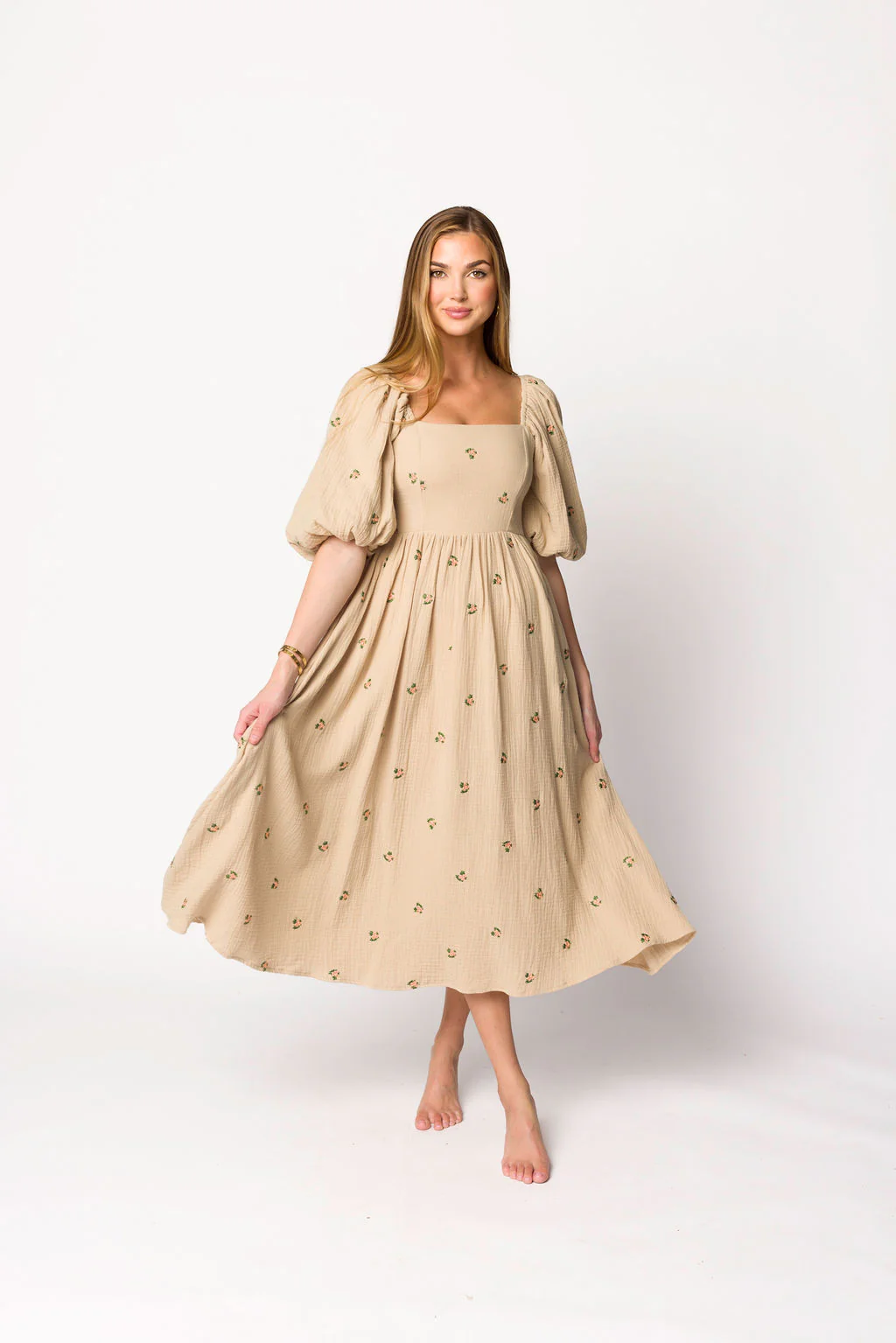 Natalie Embroidered Floral Midi Dress in Taupe - Iieemm