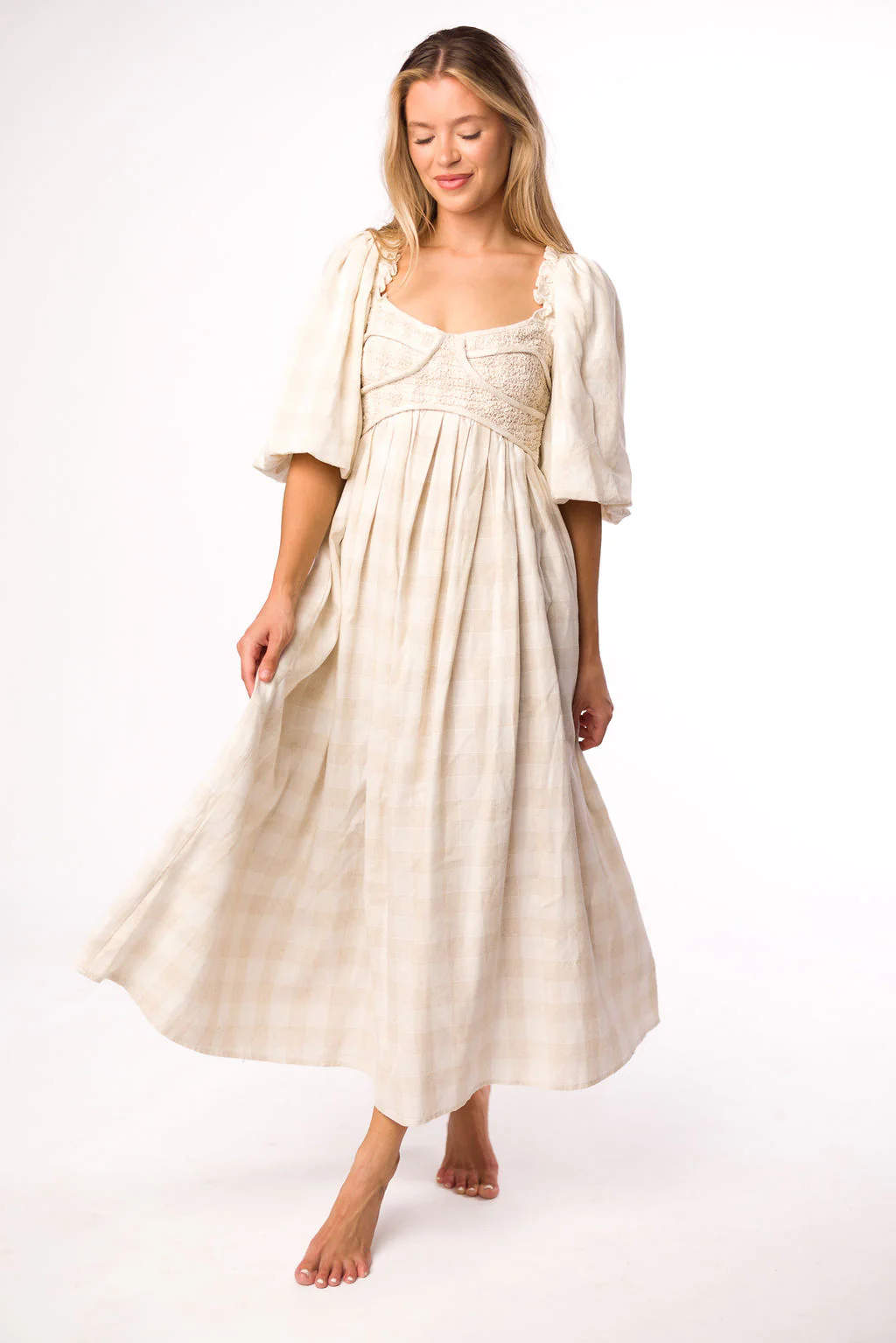 Harlow Maxi Dress in Natural Plaid with Stretchy Neckline - Bump Friendly (S-XL) - Iieemm