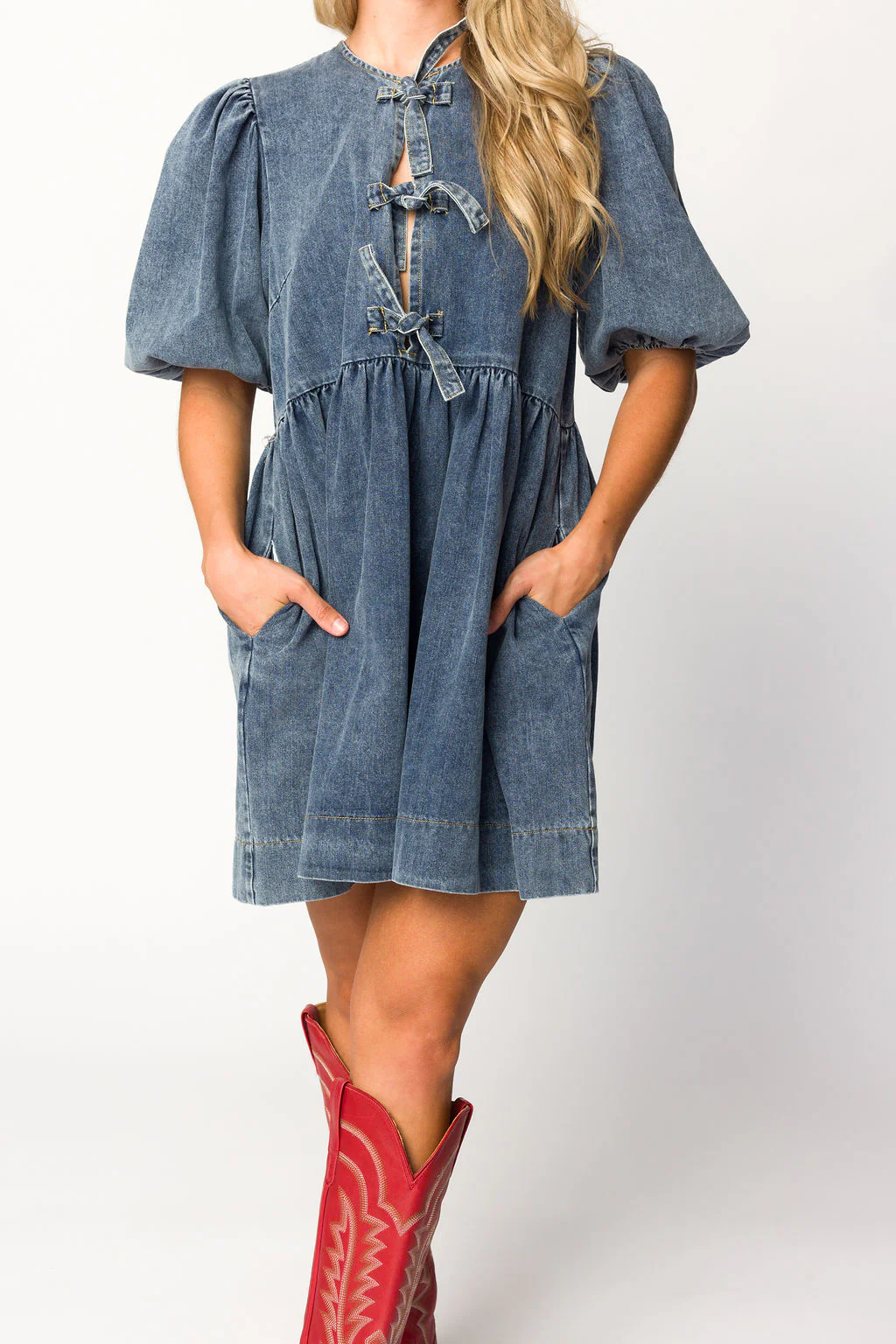Arlo Denim Mini Babydoll Dress in Medium Wash - Iieemm