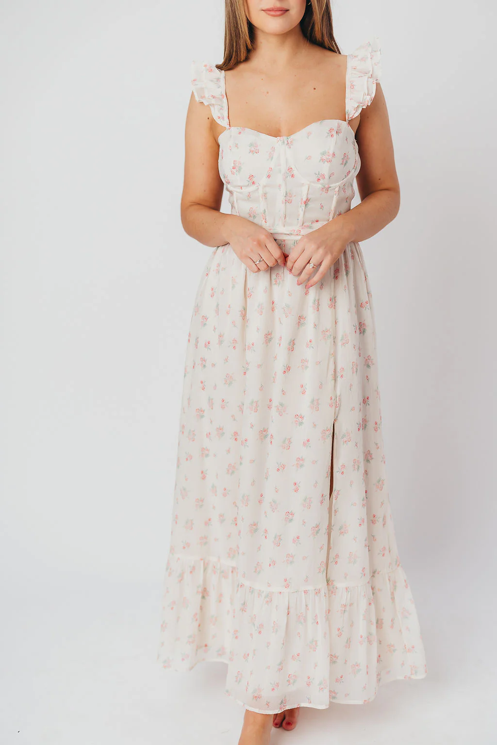 Rosamund Bustier-Style Maxi Dress in Blush Pink Floral - Inclusive Sizing (S-3XL) - Iieemm