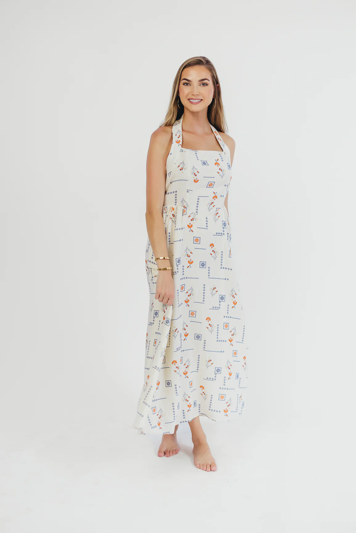 Athens Halter Midi Dress in White/Blue/Orange - Iieemm