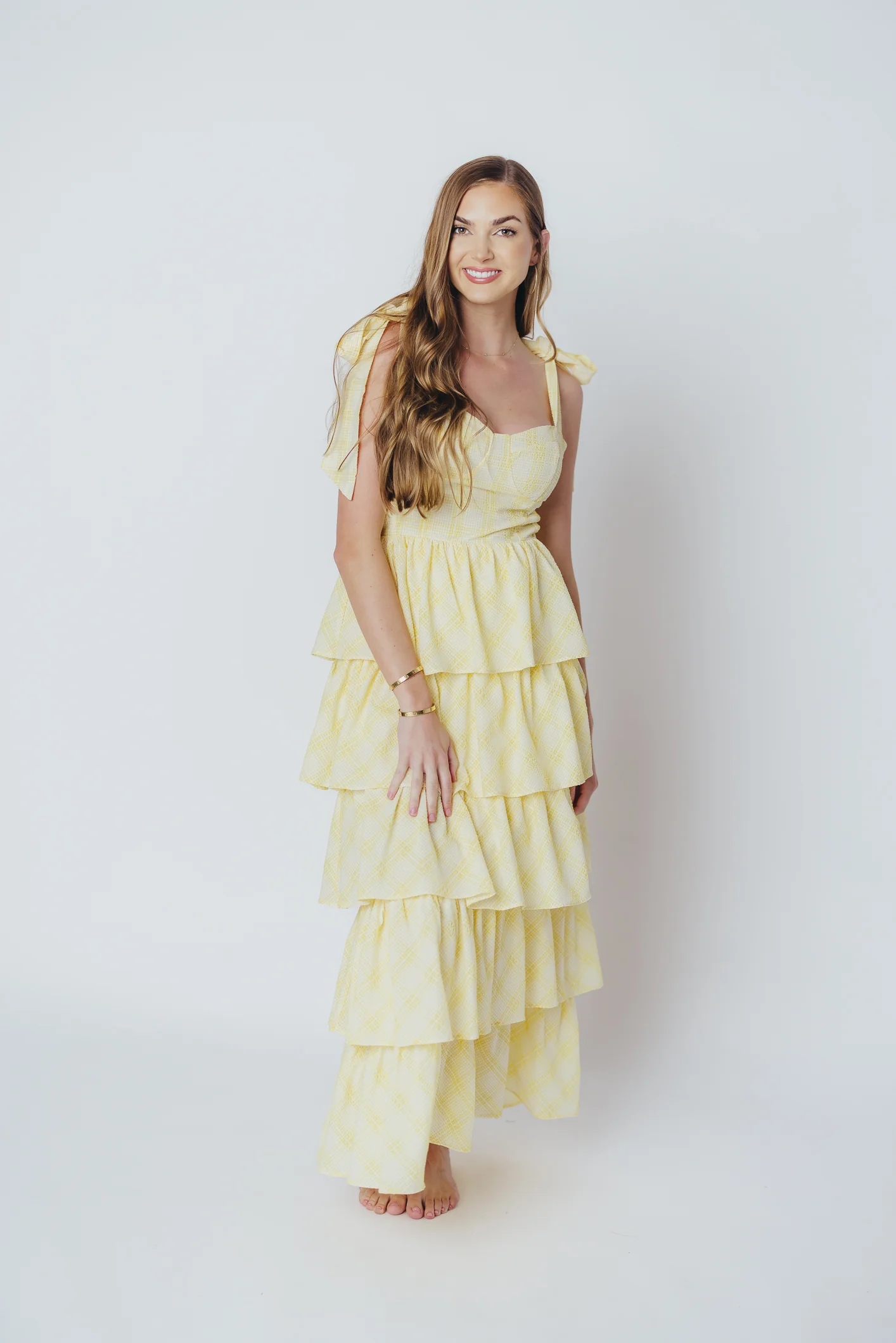 Jacquelyn Seersucker Midi Dress in Yellow Plaid - Iieemm