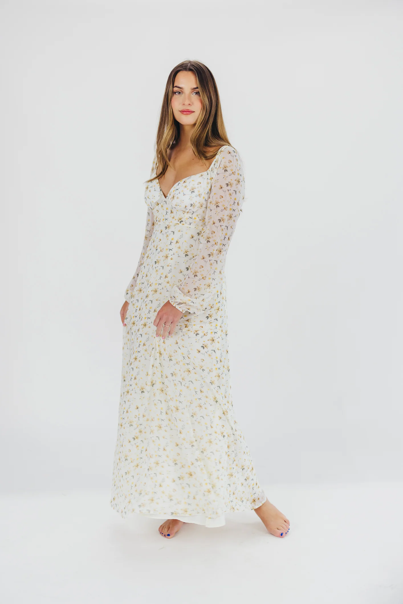 Parker Smocked Maxi Dress with Puffed Sleeves in Ivory/Yellow - Bump Friendly & Inclusive Sizing (S-3XL) - Iieemm