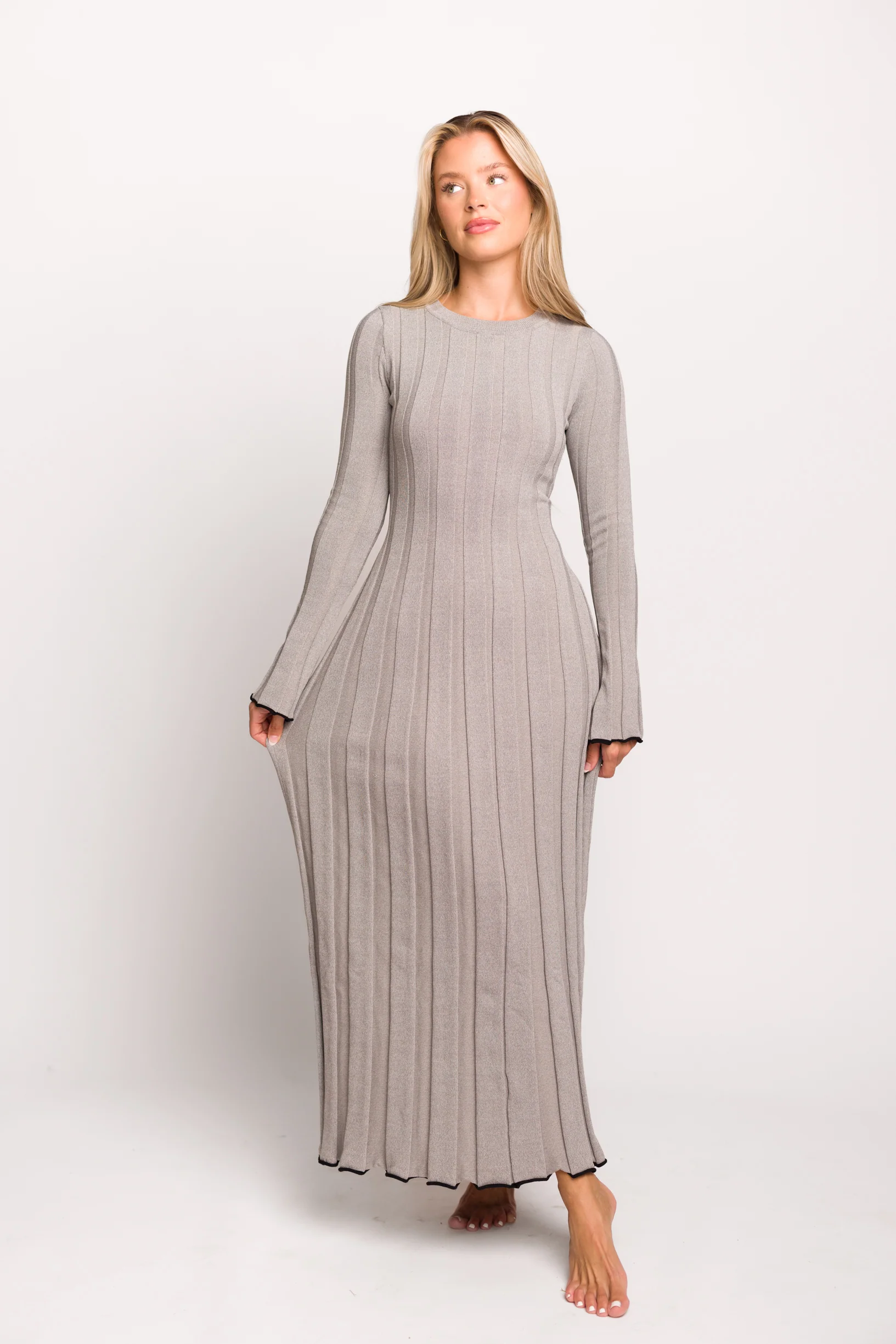 Bentley Long Sleeve Ribbed Knit Maxi Dress in Heather Gray with Black Trim - Bump Friendly - Iieemm