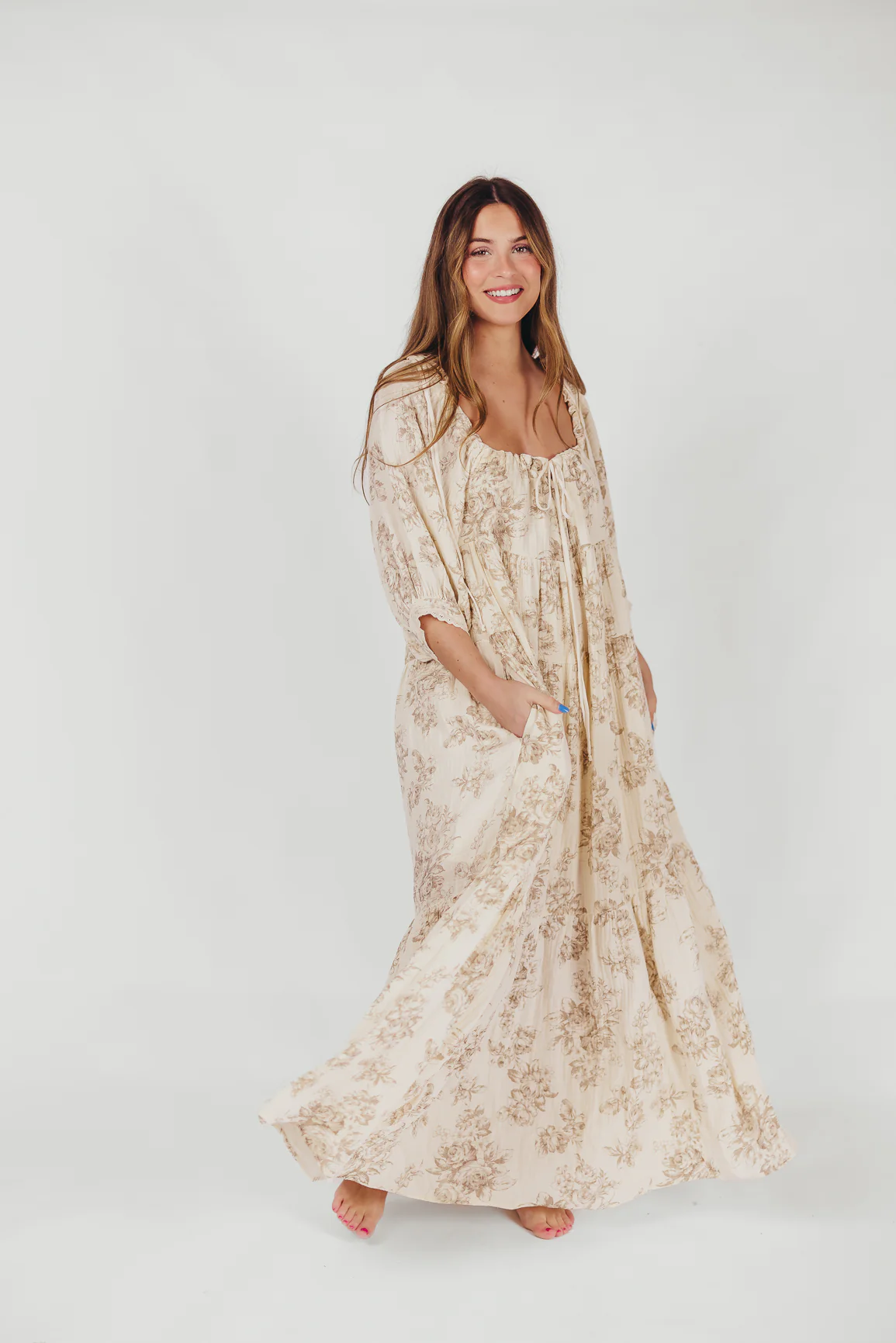 Cara 100% Cotton Maxi Dress in Brown Floral - Iieemm
