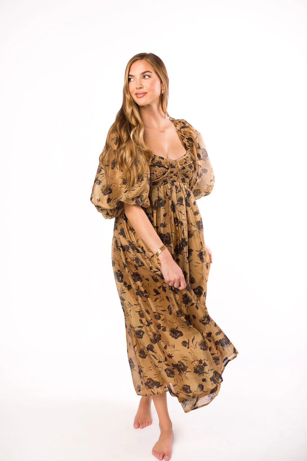Harlow Camel & Black Floral Maxi Dress with Stretchy Neckline - Bump Friendly (Read Description) - Iieemm
