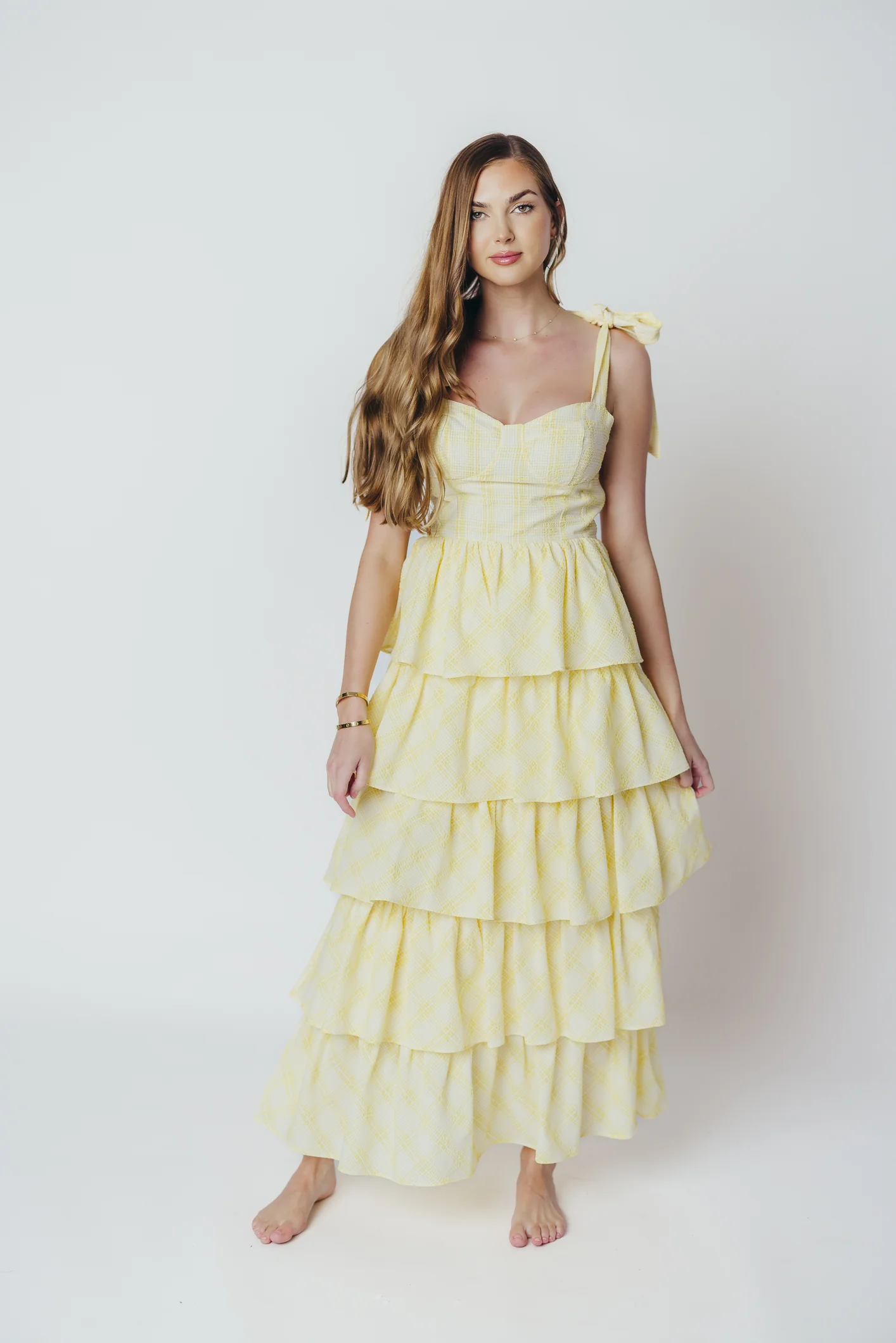 Jacquelyn Seersucker Midi Dress in Yellow Plaid - Iieemm