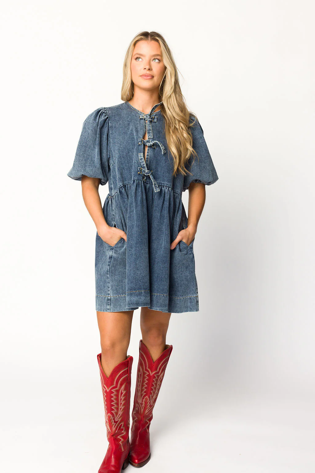 Arlo Denim Mini Babydoll Dress in Medium Wash - Iieemm