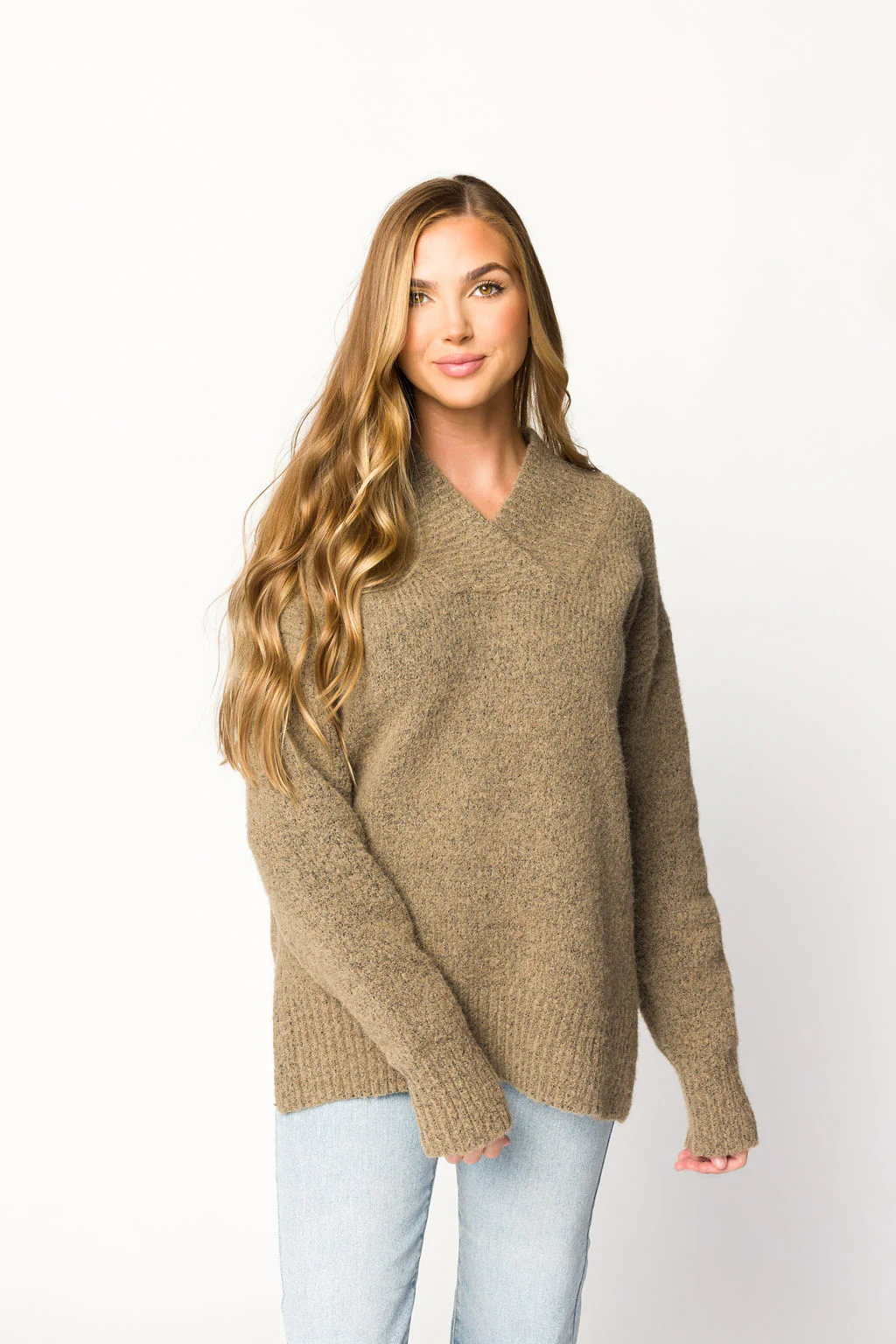 Jordan V-Neck Slouchy Soft Knit Sweater in Taupe - Iieemm