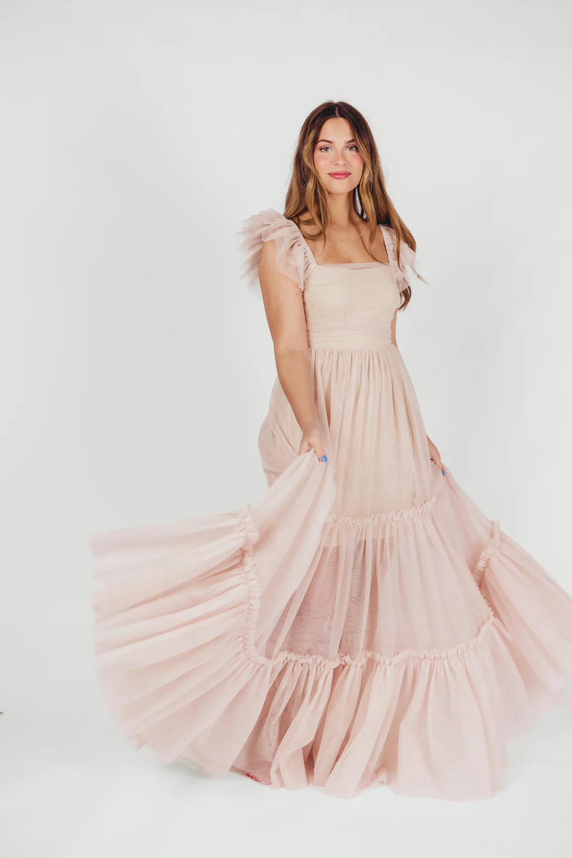 Bella Tiered Tulle Maxi Dress in Peachy Nude - Bump Friendly & Inclusive Sizing (S-3XL) - Iieemm
