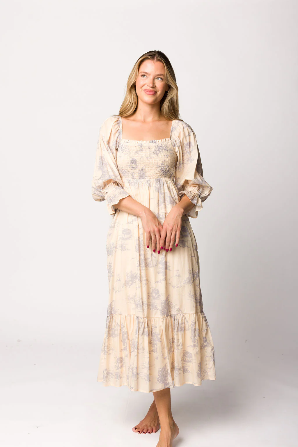 Bria Smocked Midi Dress with Puffed Long Sleeves in Ecru - Bump Friendly - Iieemm