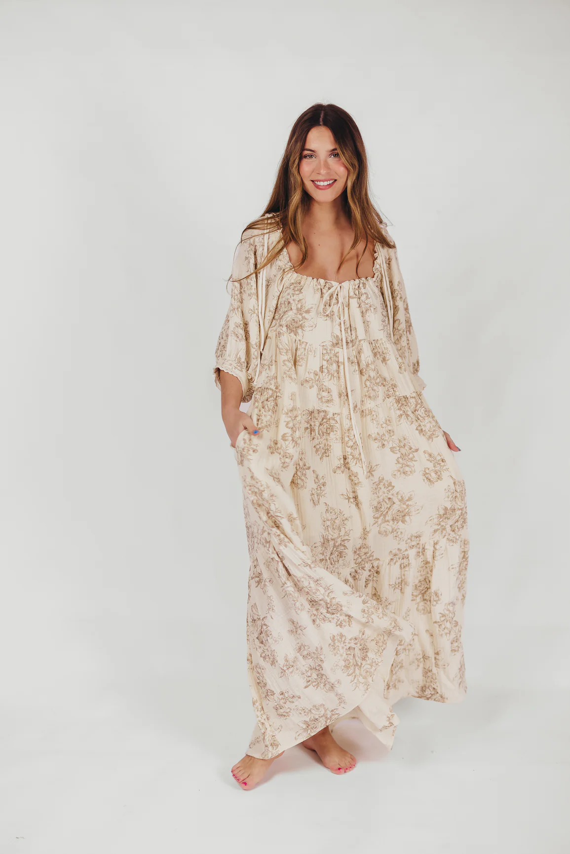 Cara 100% Cotton Maxi Dress in Brown Floral - Iieemm
