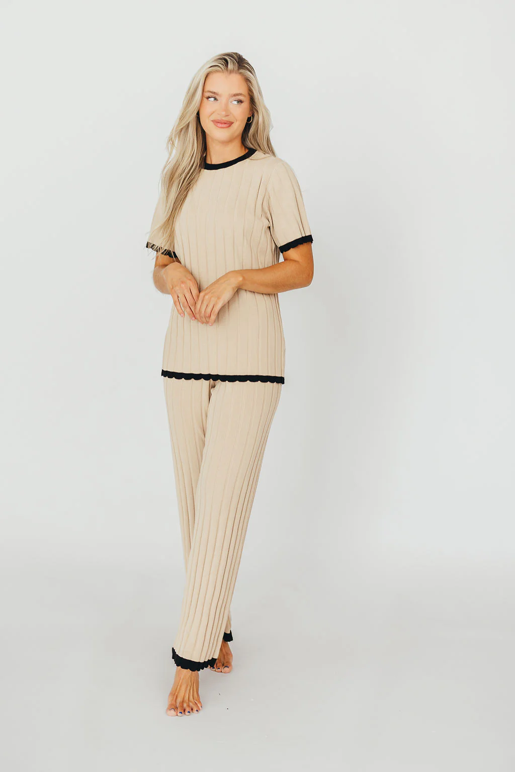 Adele Ribbed Knit Top and Pants Set in Light Taupe - Iieemm