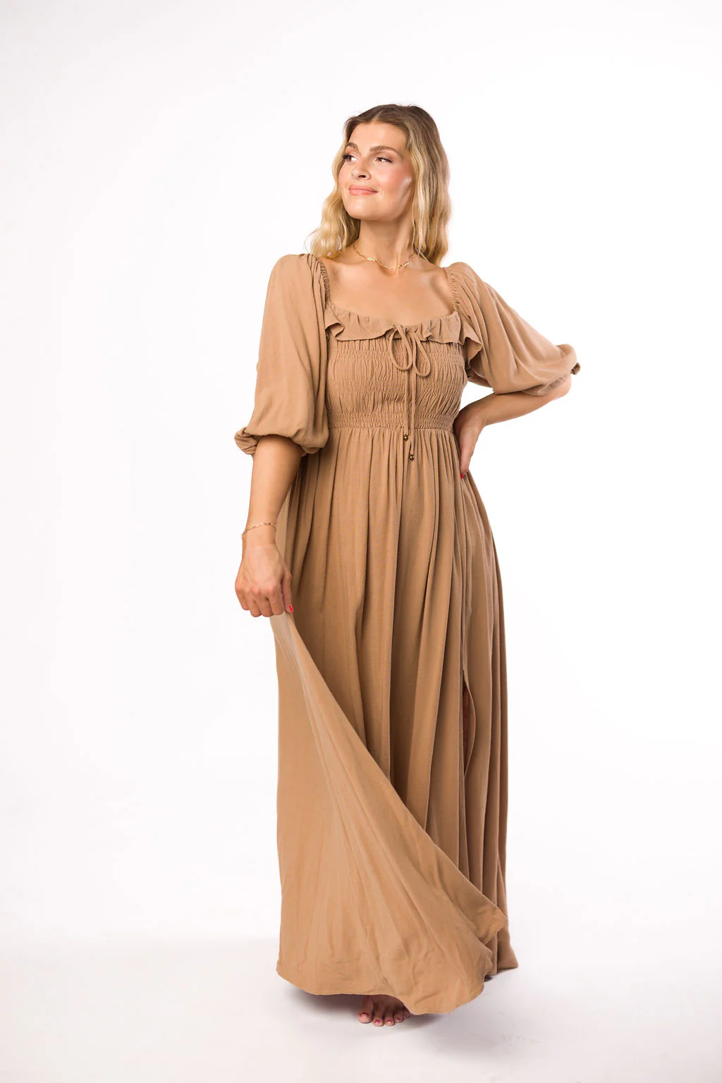 Devon Smocked Maxi Dress in Taupe - Bump Friendly - Iieemm