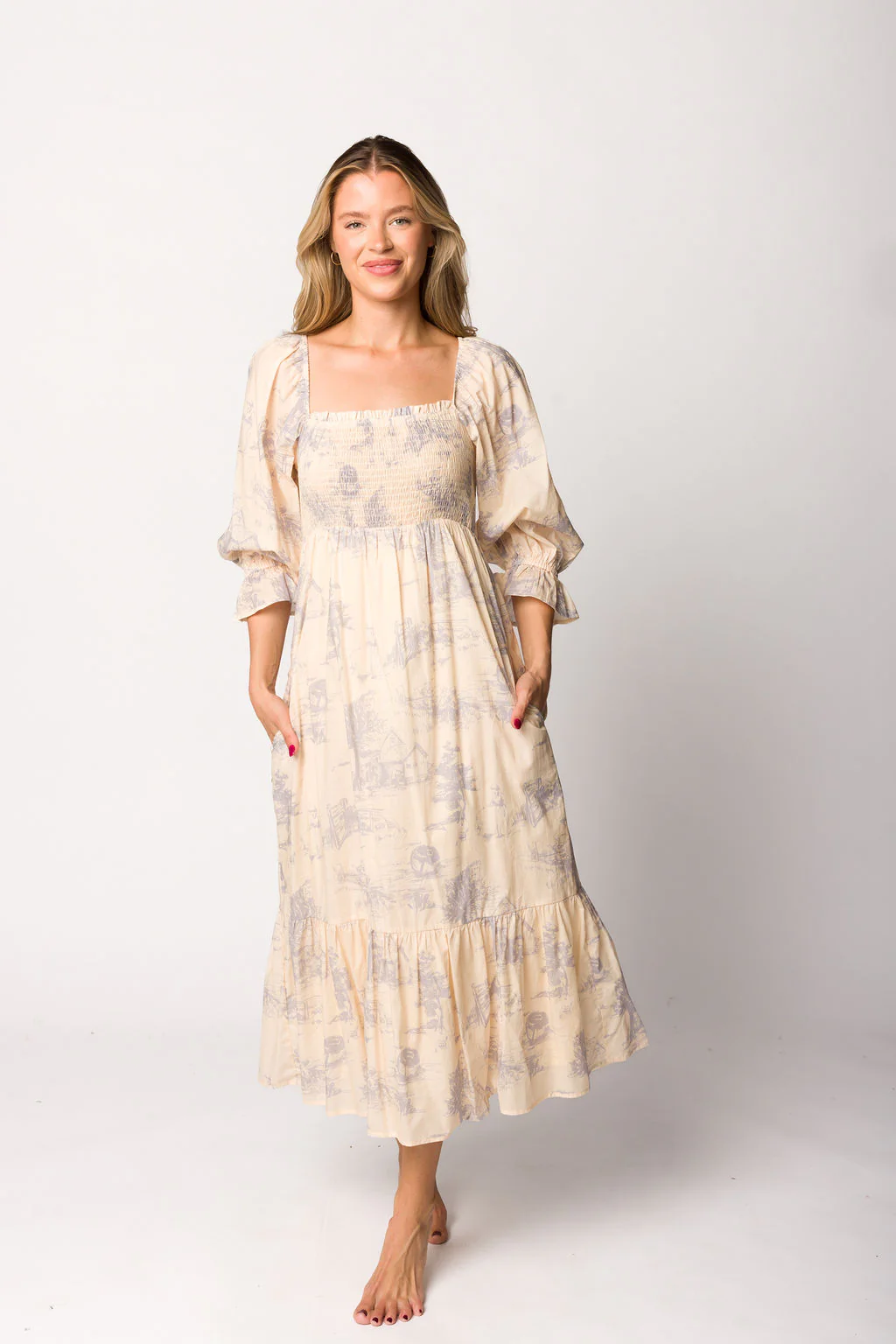 Bria Smocked Midi Dress with Puffed Long Sleeves in Ecru - Bump Friendly - Iieemm