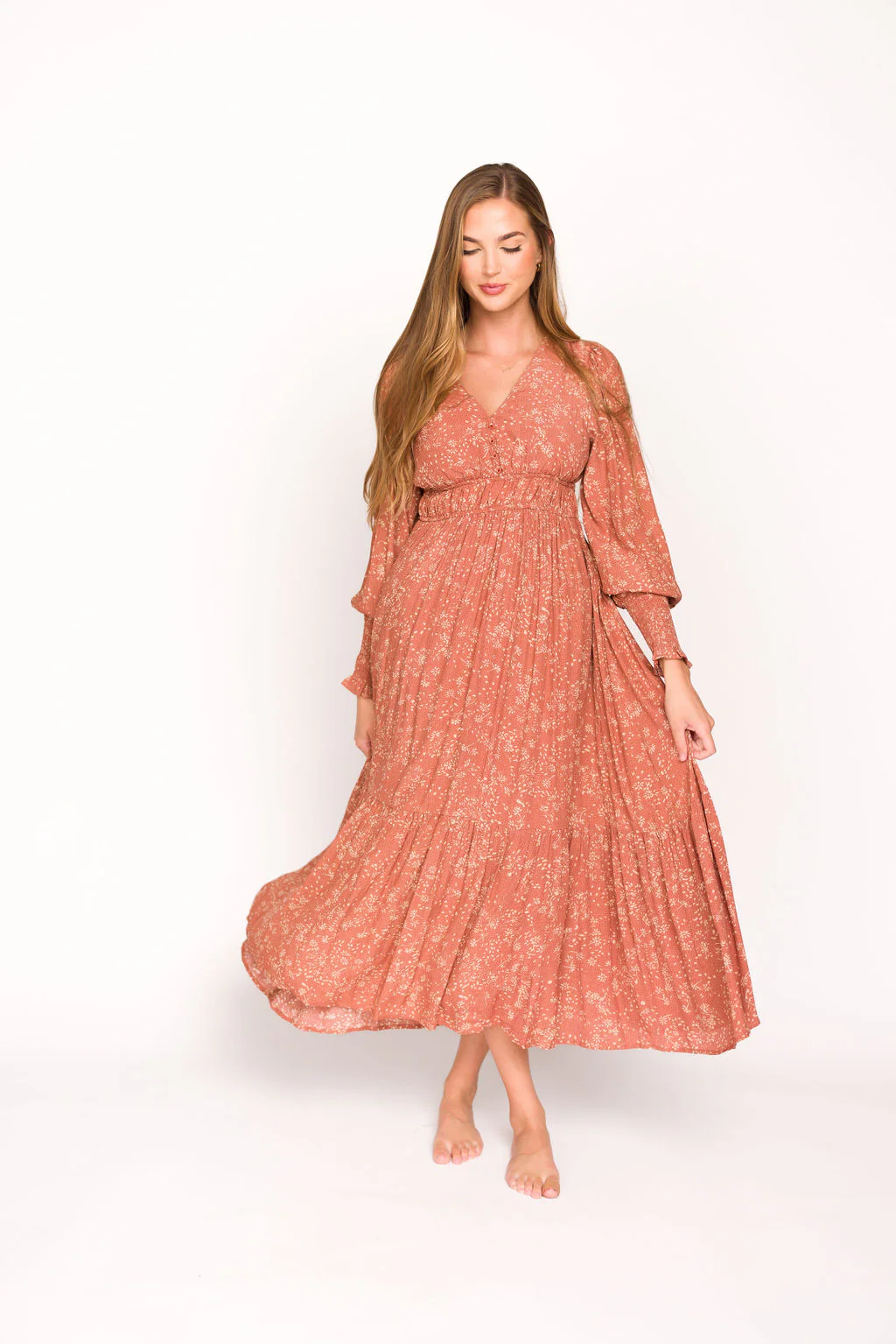 Florence Floral Button Down Long Sleeve Maxi Dress in Rosewood - Iieemm