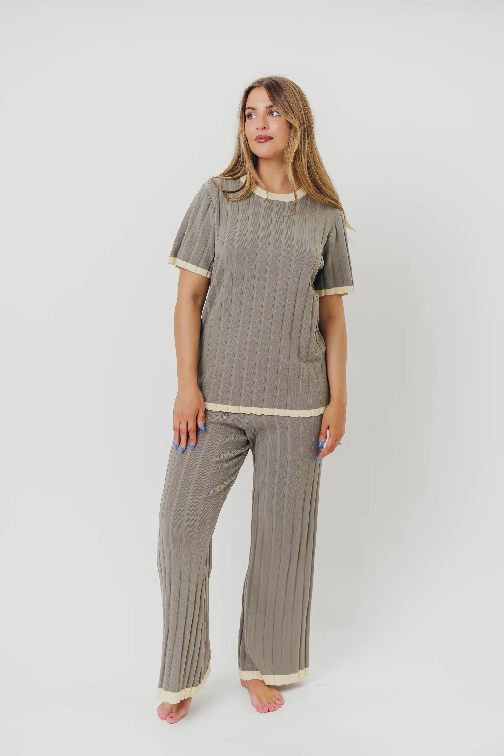 Adele Ribbed Knit Top and Pants Set in Dusty Olive - Iieemm