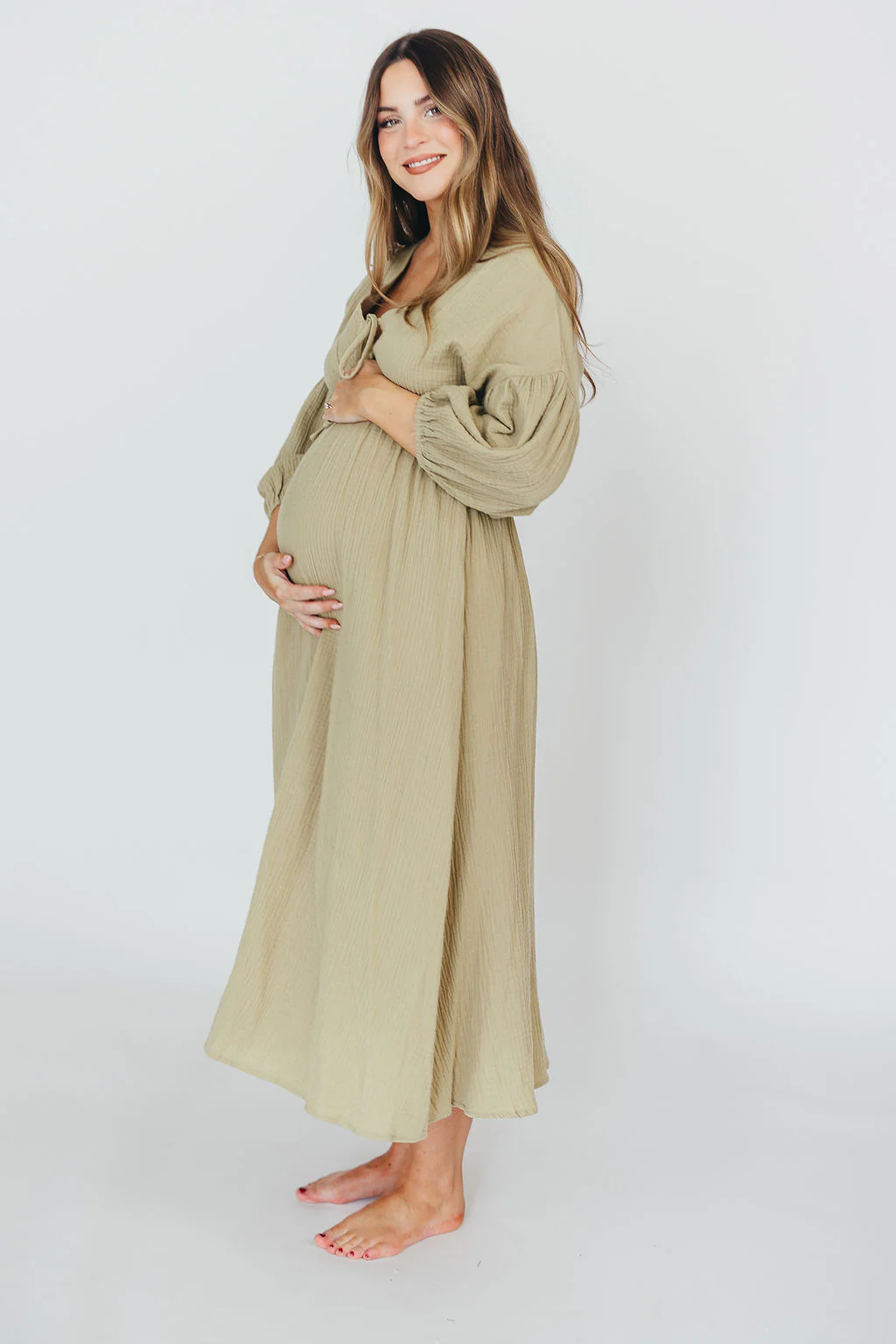 Hunter 100% Cotton Gauze Midi Dress in Thyme - Bump Friendly and Inclusive Sizing - Iieemm