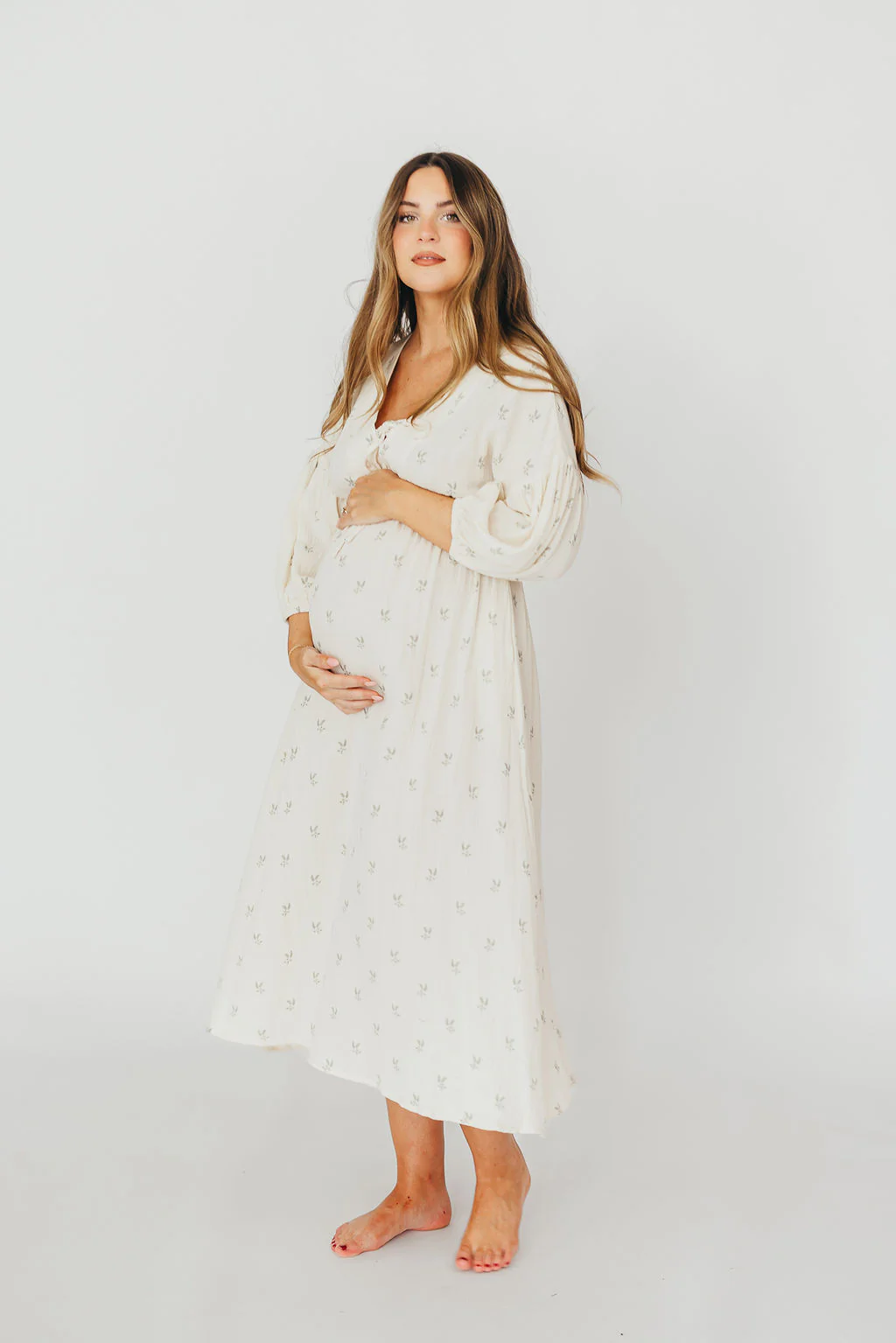 Hunter 100% Cotton Gauze Midi Dress in Soy/Sage Foliage - Bump Friendly and Inclusive Sizing - Iieemm