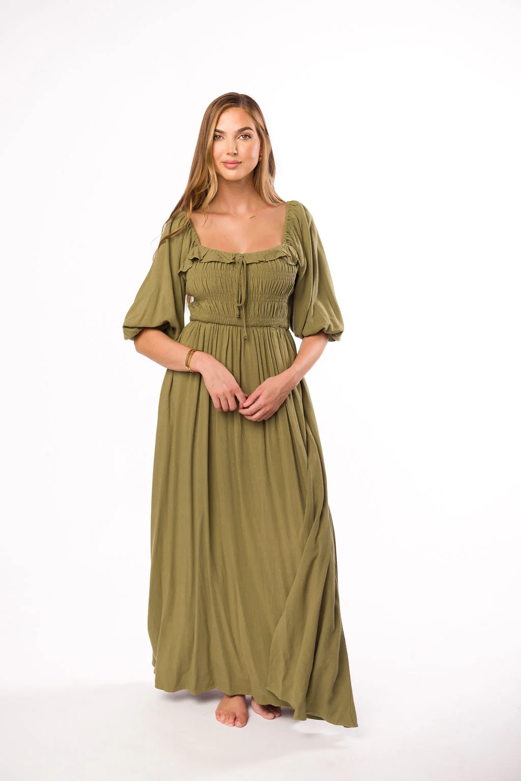 Devon Smocked Maxi Dress in Light Olive - Bump Friendly - Iieemm