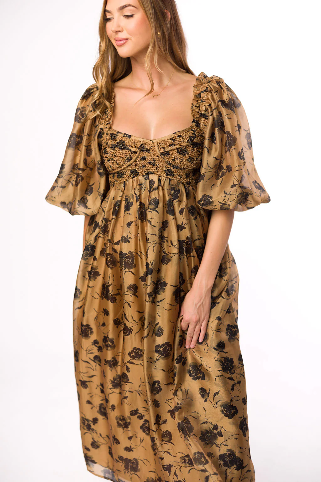 Harlow Camel & Black Floral Maxi Dress with Stretchy Neckline - Bump Friendly (Read Description) - Iieemm