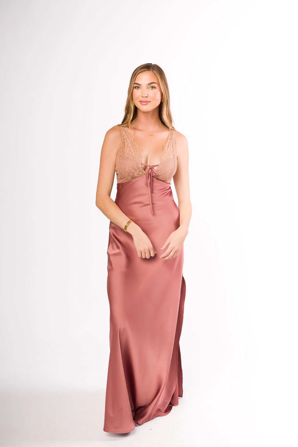 Christina Lace & Satin Contrast Maxi Dress in Blushed Cashmere - Iieemm