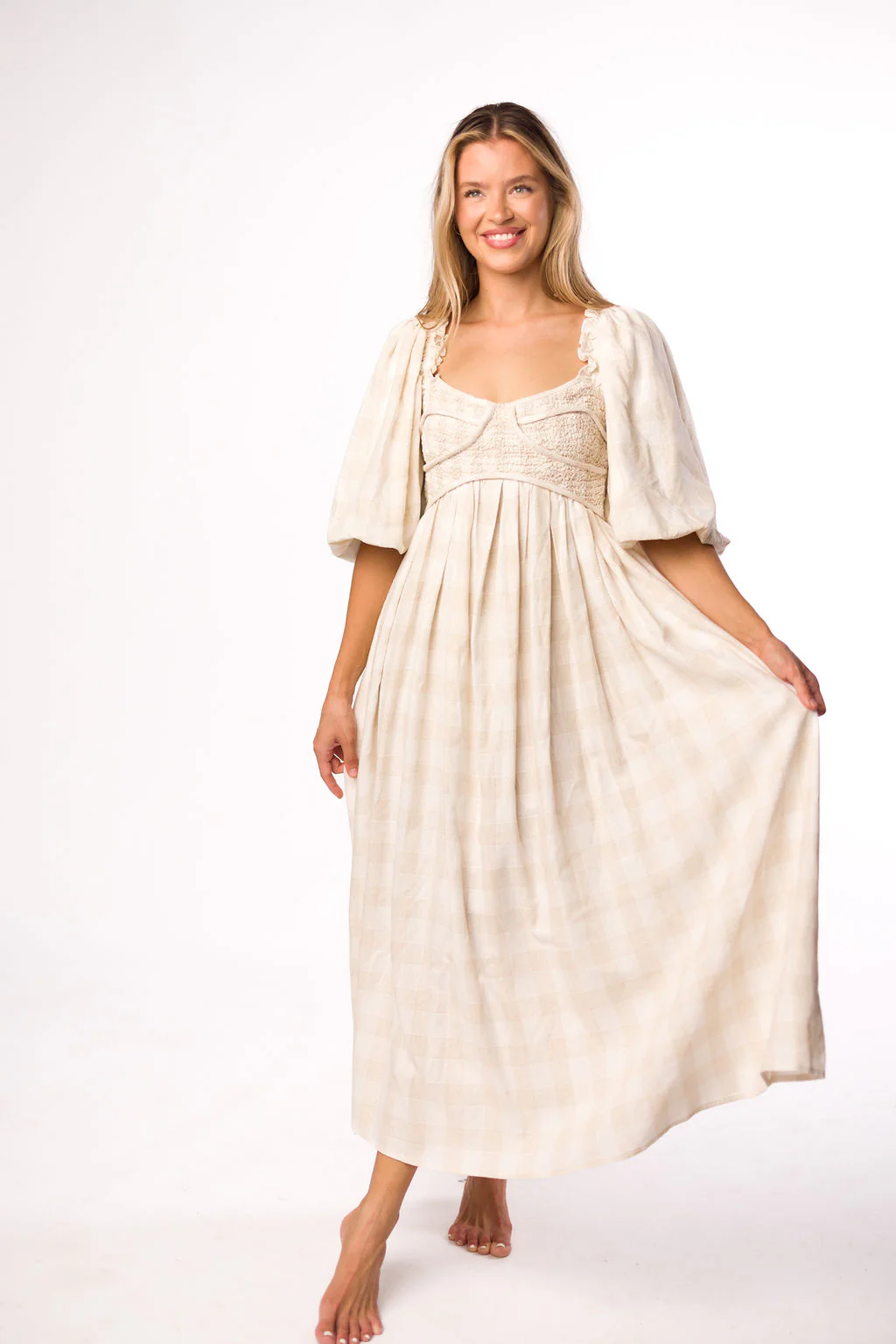 Harlow Maxi Dress in Natural Plaid with Stretchy Neckline - Bump Friendly (S-XL) - Iieemm
