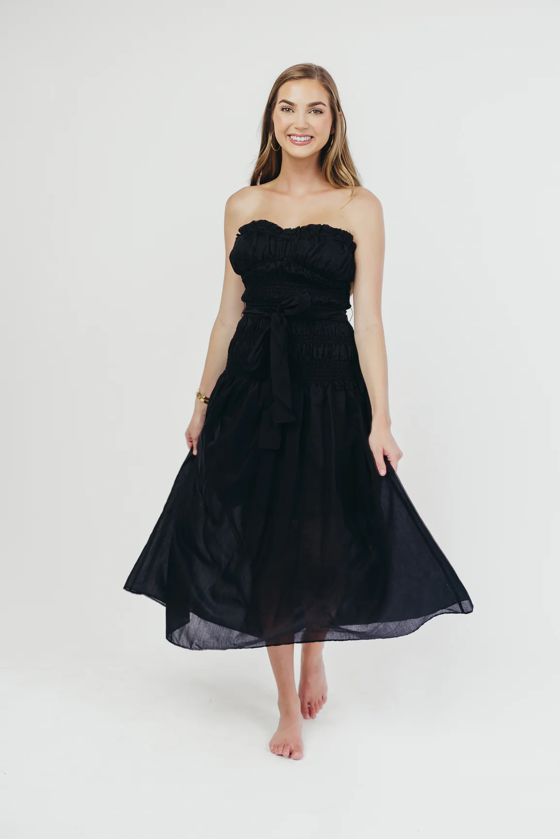 Devin Strapless Midi Dress with Sash in Black - Iieemm