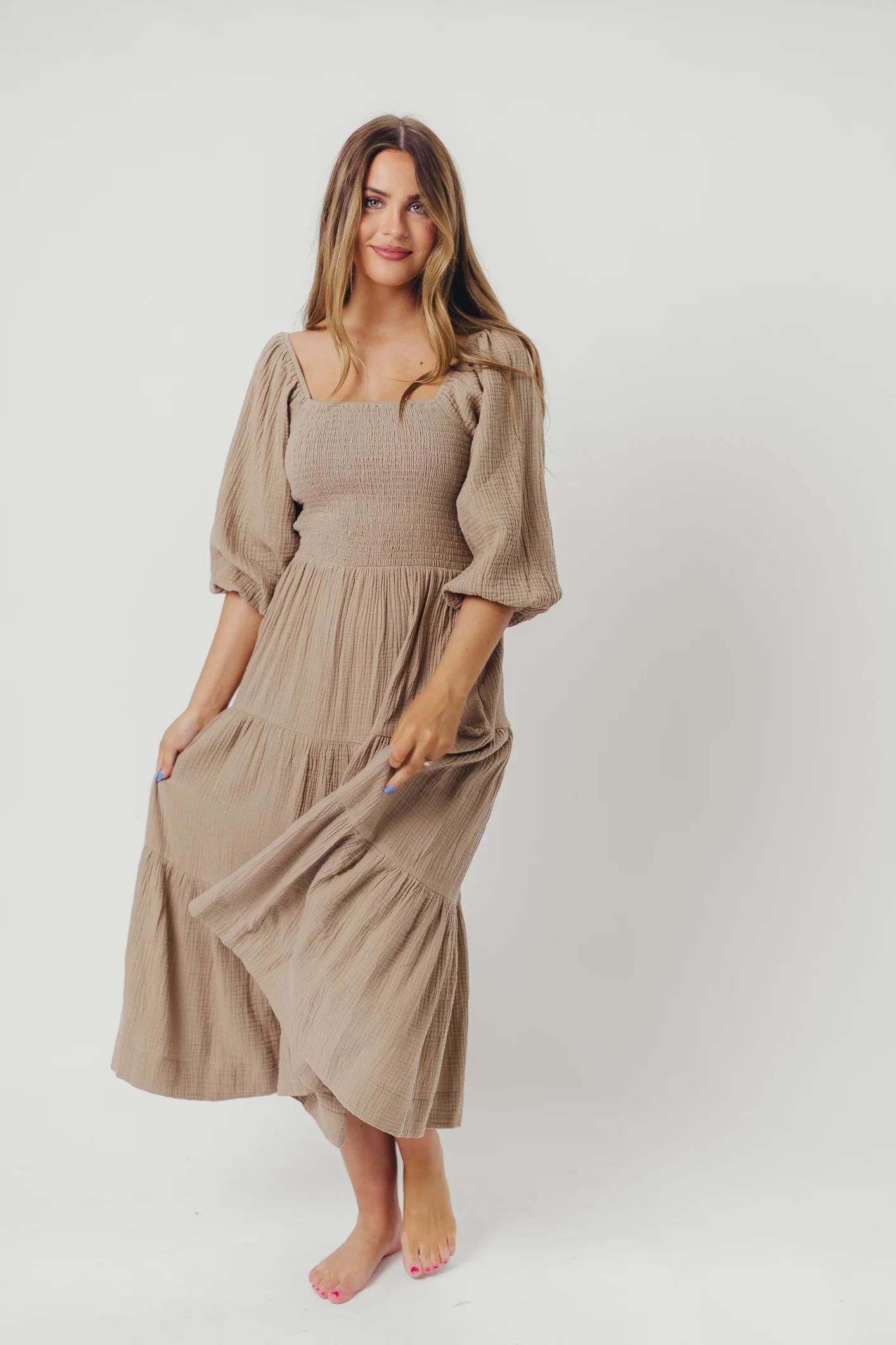 Taylor Cotton Smocked Midi Dress with Tiered Skirt in Pumice - Inclusive Sizing - Iieemm