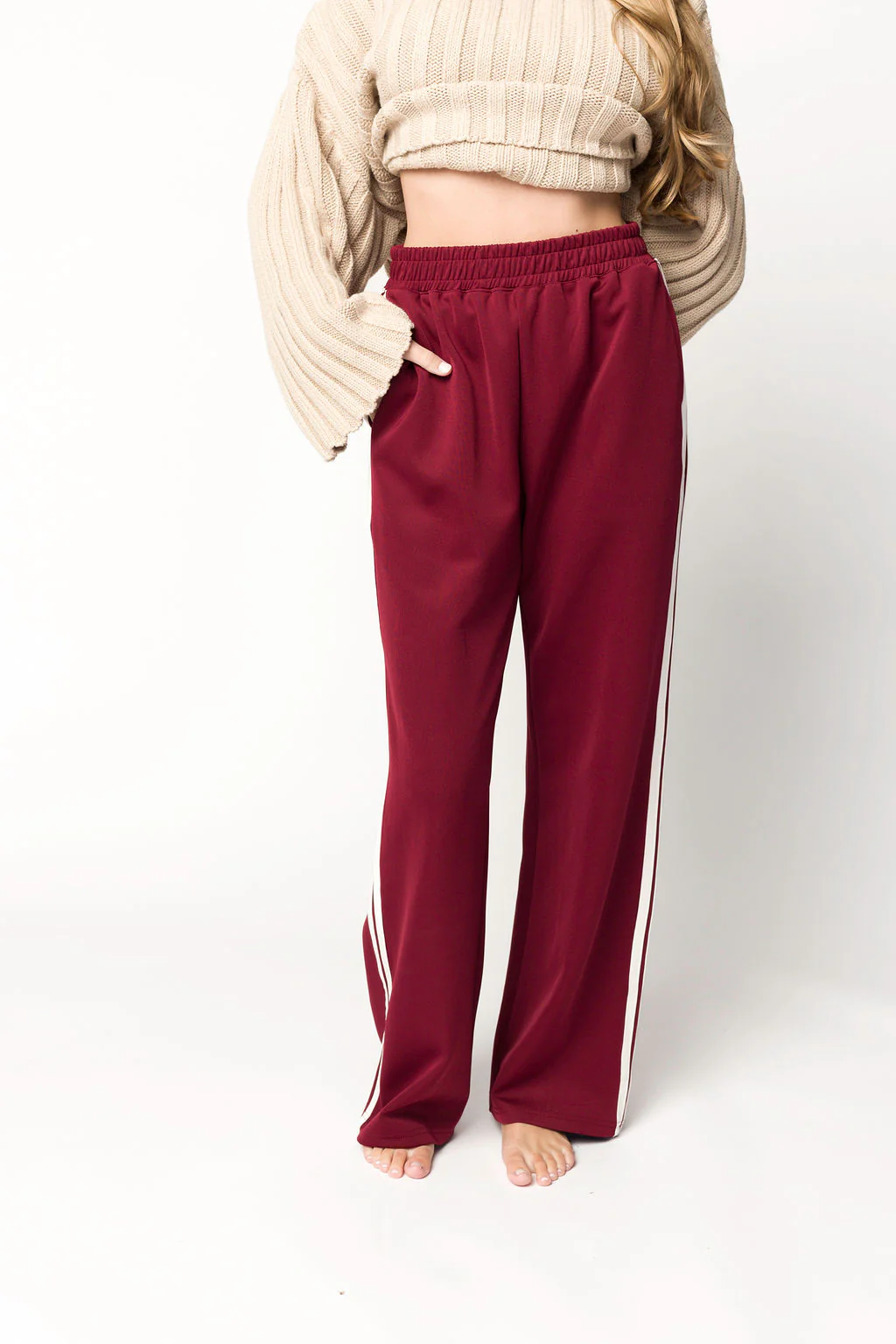 Sue Wide Leg Track Pants in Burgundy - Iieemm
