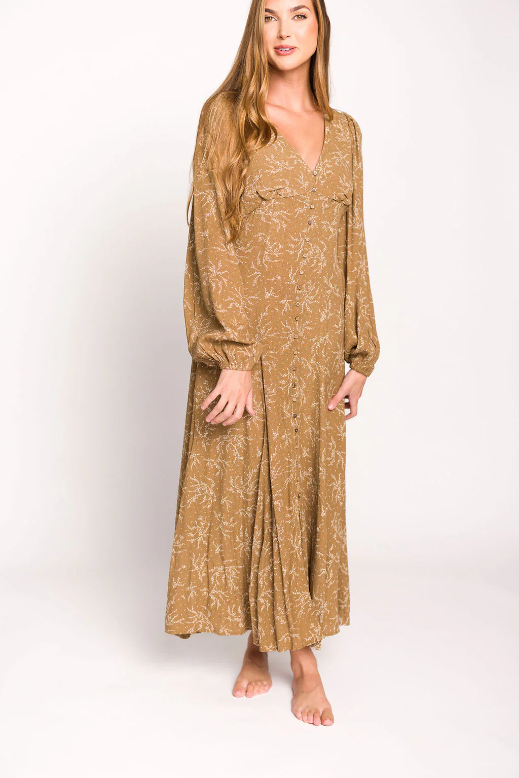 Brandi Long-Sleeve Button-Up Maxi Dress in Umber - Iieemm