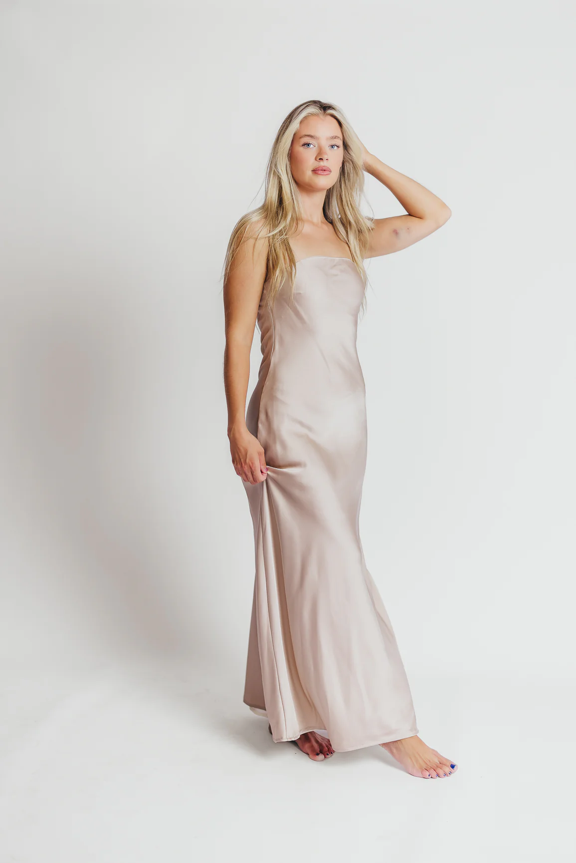 Going Out Strapless Bias Cut Maxi Dress in Champagne - Iieemm