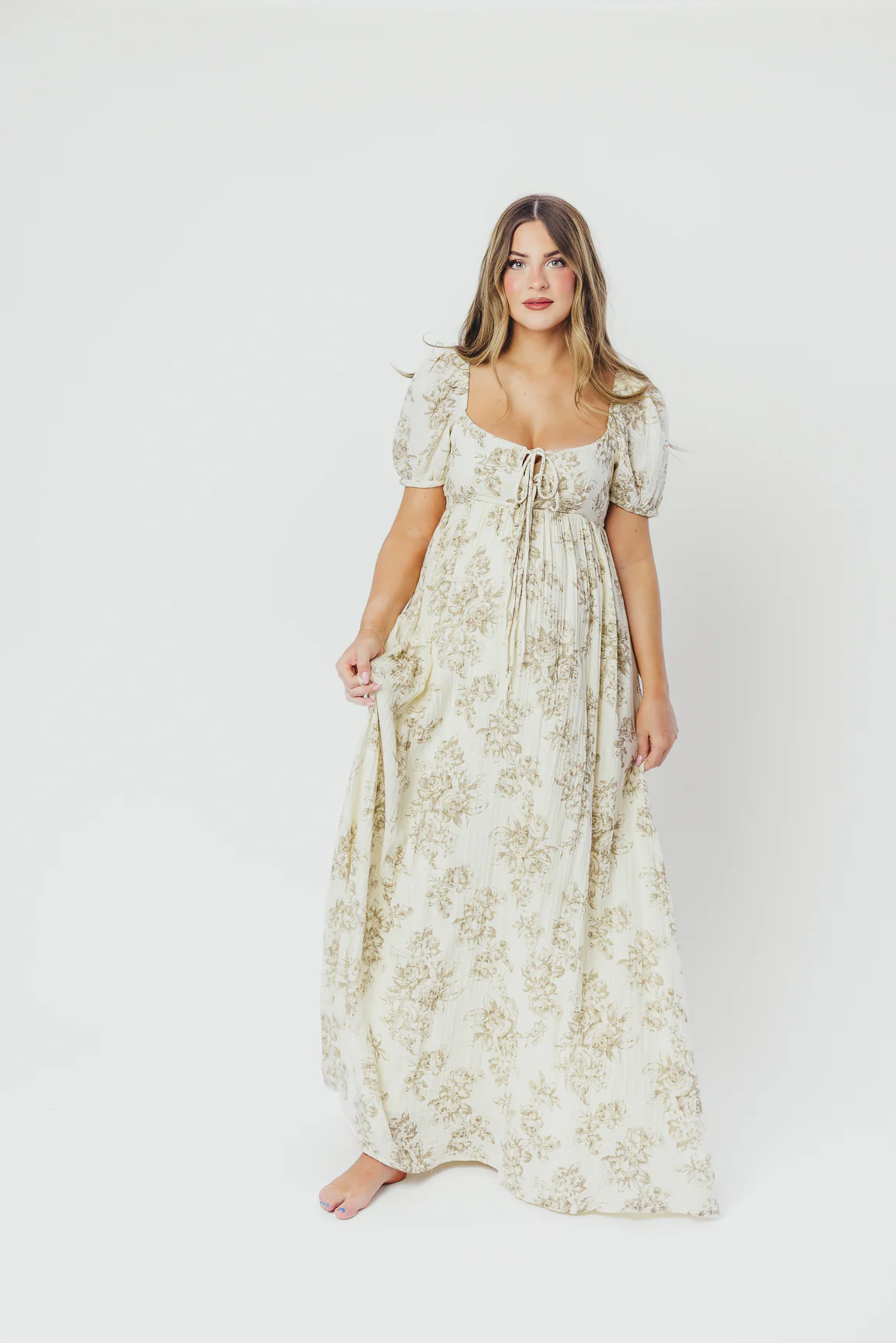 Haven 100% Cotton Tie-Front Maxi Dress in Taupe/Brown Floral - Bump Friendly - Iieemm