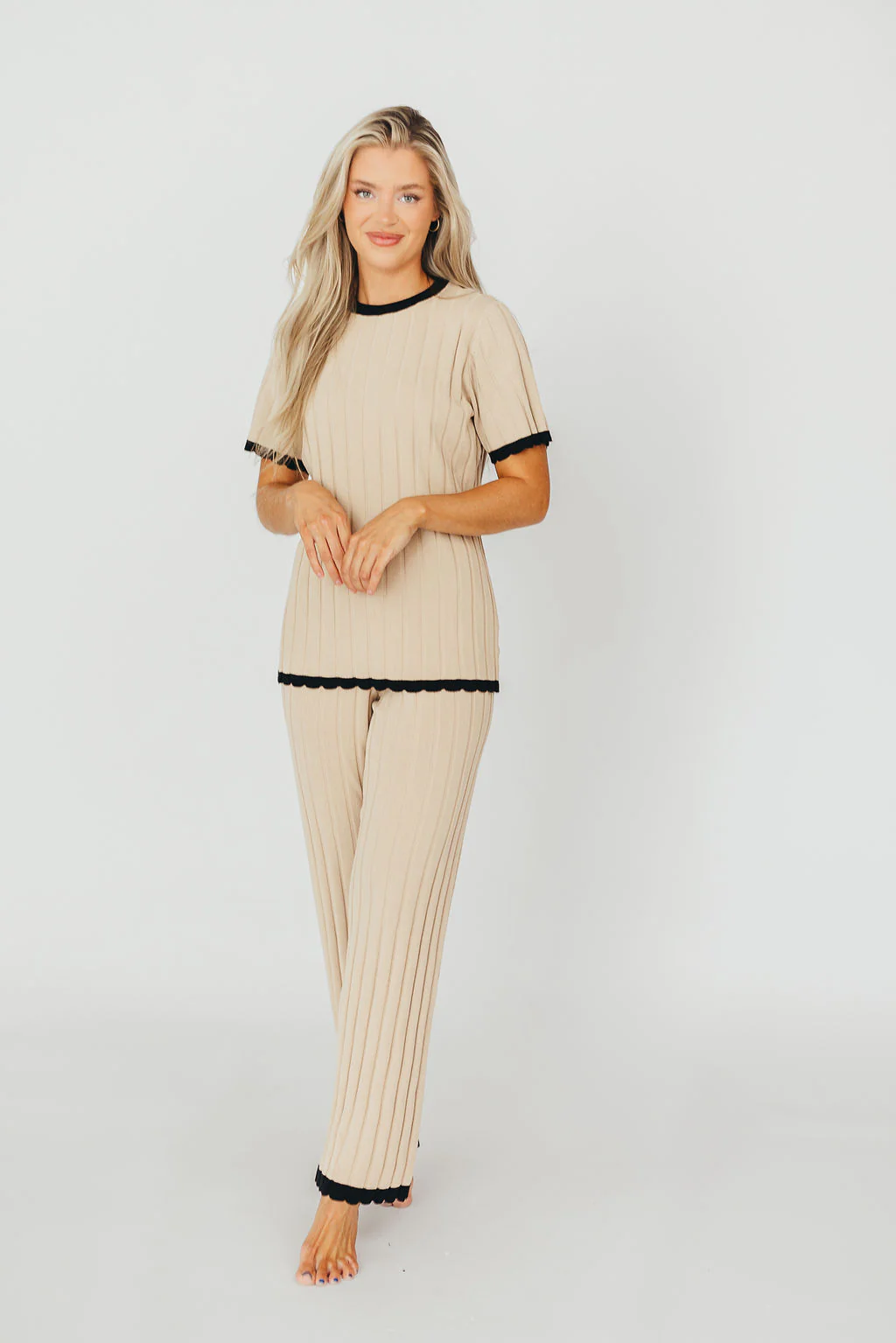 Adele Ribbed Knit Top and Pants Set in Light Taupe - Iieemm