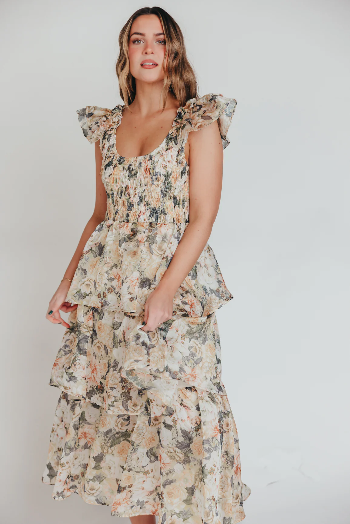 Forever & Always Midi Dress in Champagne Floral - Bump Friendly & Inclusive Sizing (S-3XL) - Iieemm