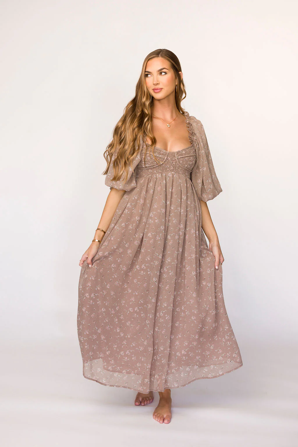 Harlow Maxi Dress in Taupe Floral - Bump Friendly - Iieemm