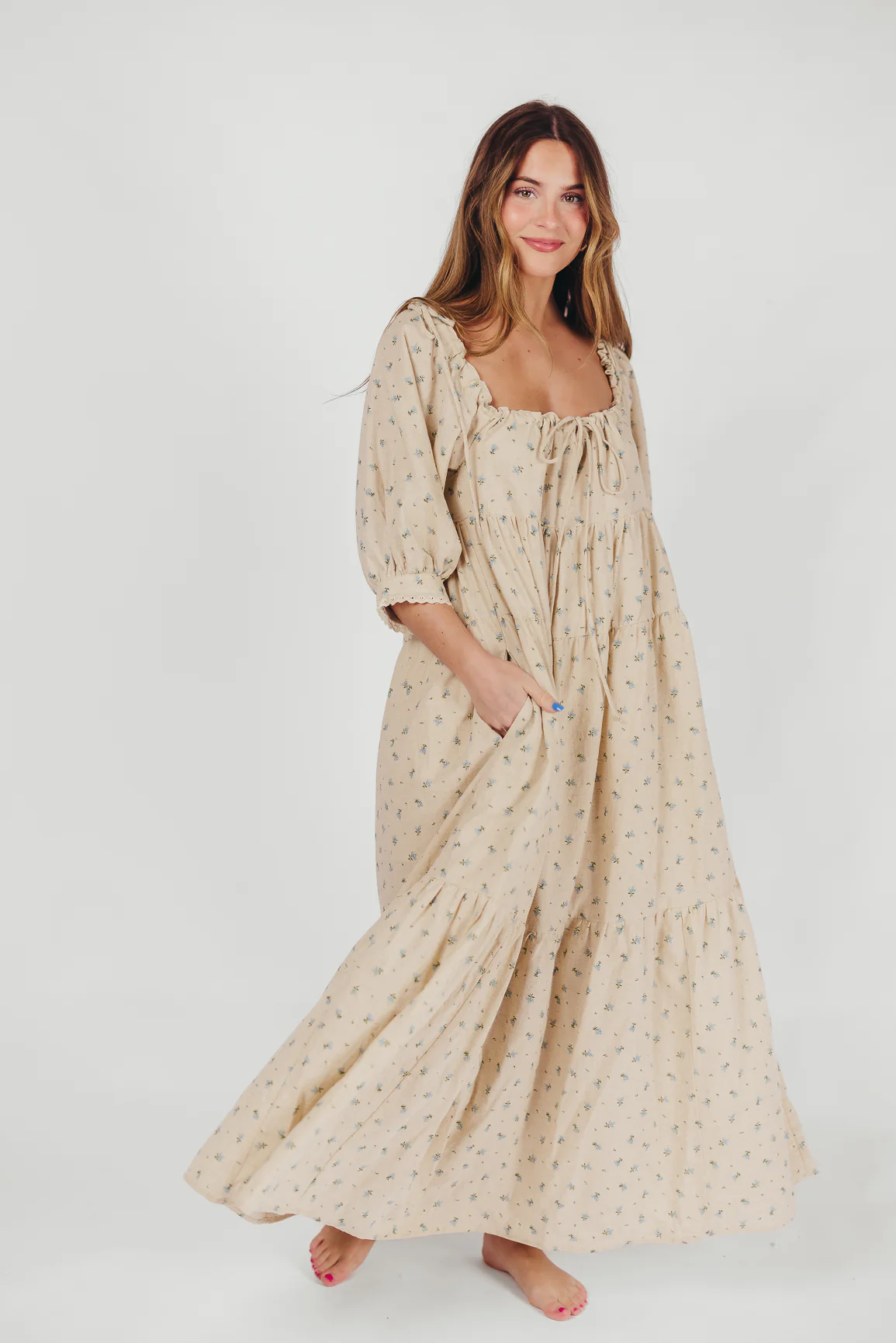 Cara 100% Cotton Maxi Dress in Blue/Brown Floral - Iieemm