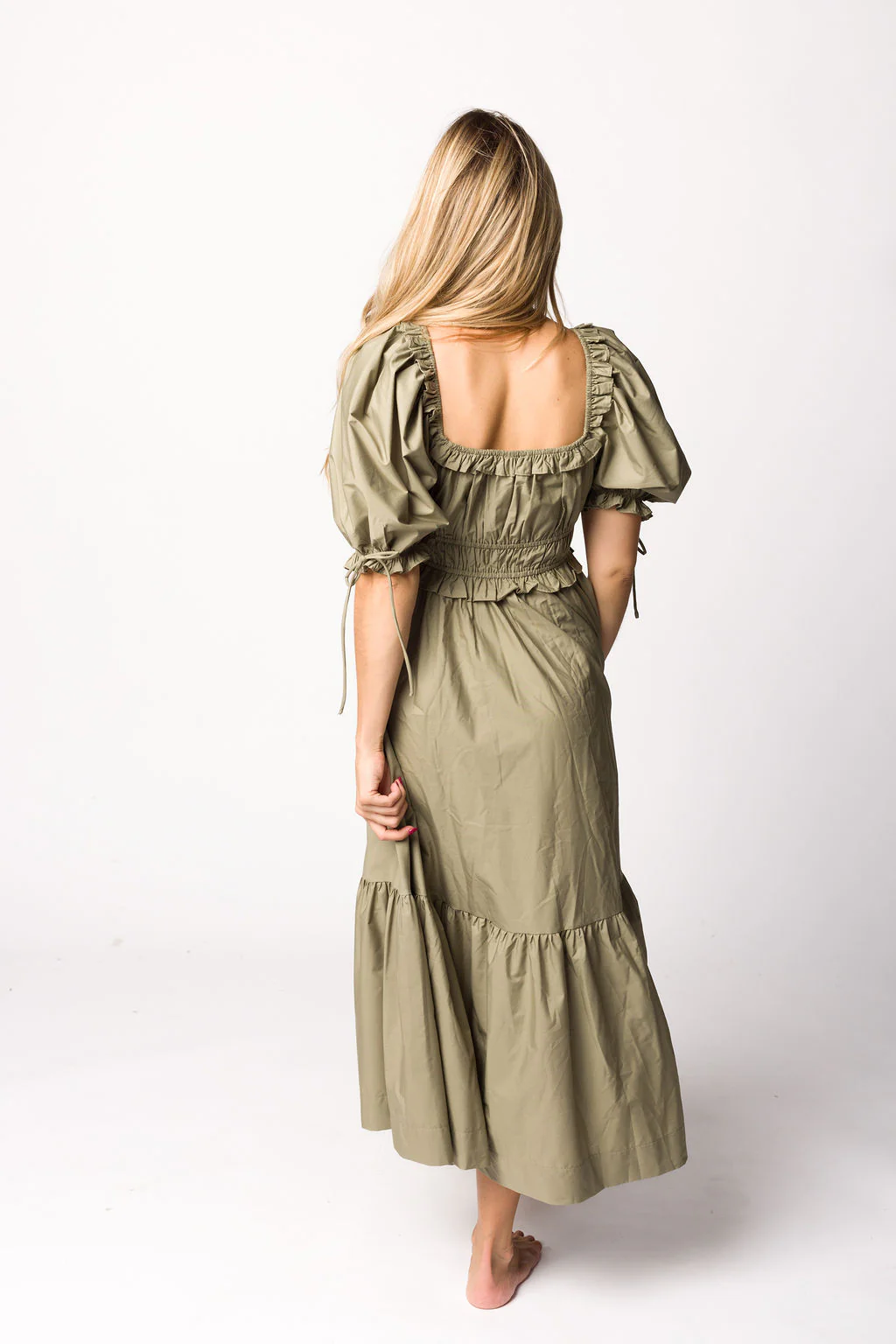 Crissy Ruched Midi Dress in Dusty Olive - Bump Friendly - Iieemm