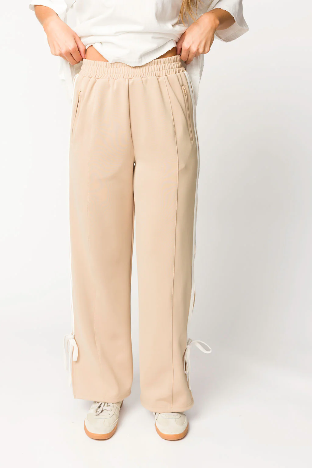 Murphy Track Pants with Bow Detail in Taupe/White - Iieemm