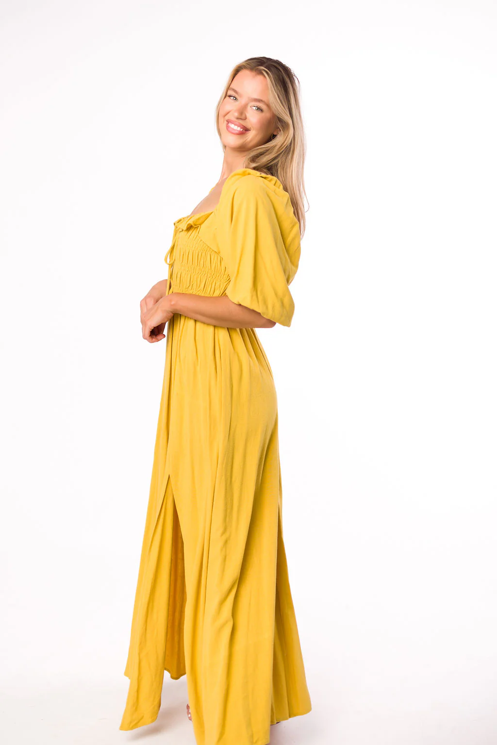 Devon Smocked Maxi Dress in Mustard - Bump Friendly - Iieemm
