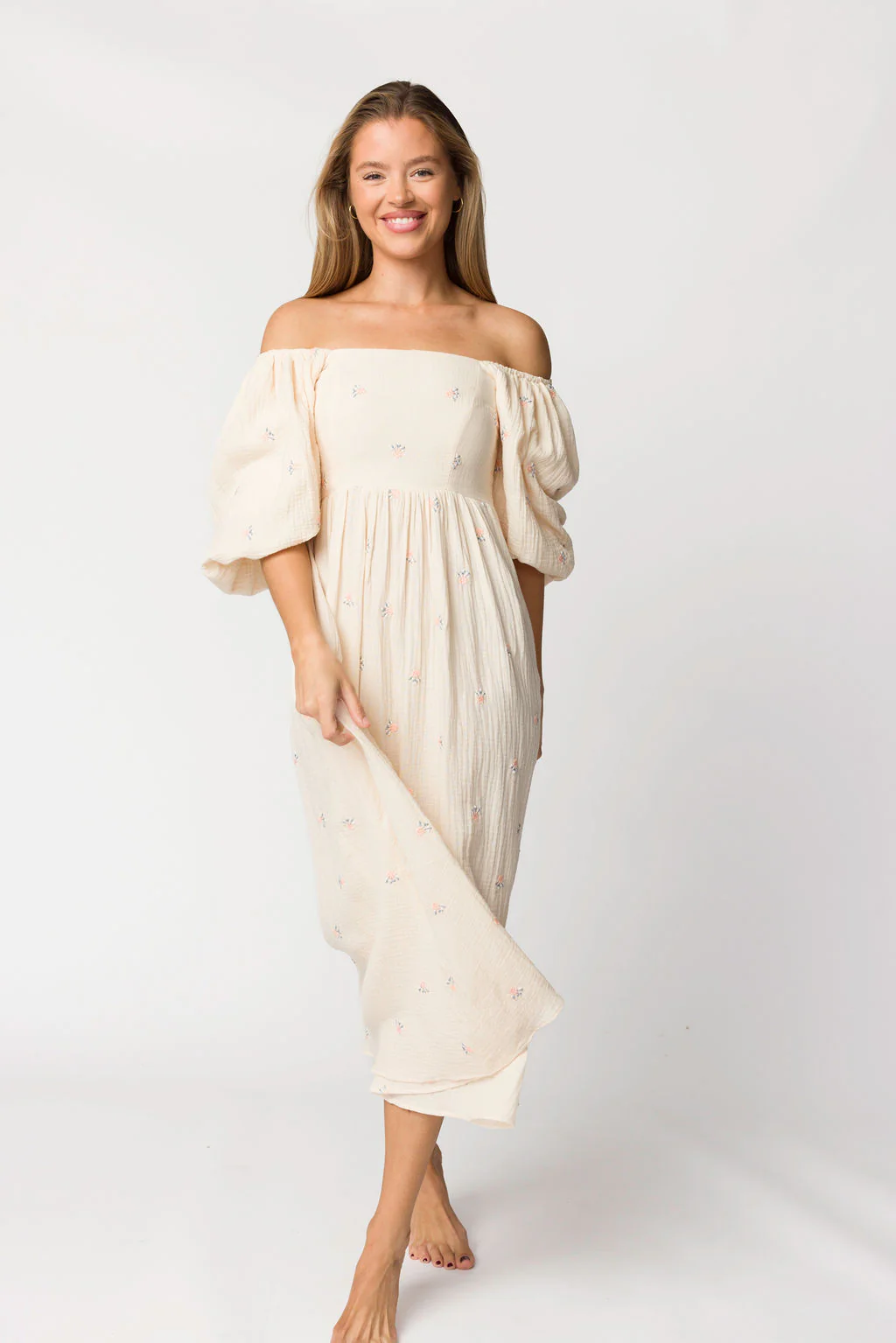 Natalie Embroidered Floral Midi Dress in Cream - Iieemm