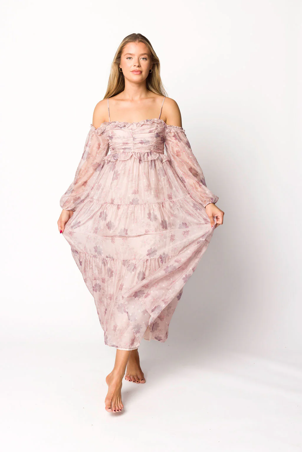 Atlas Rouched Midi Dress in Purple/Blush Floral - Iieemm
