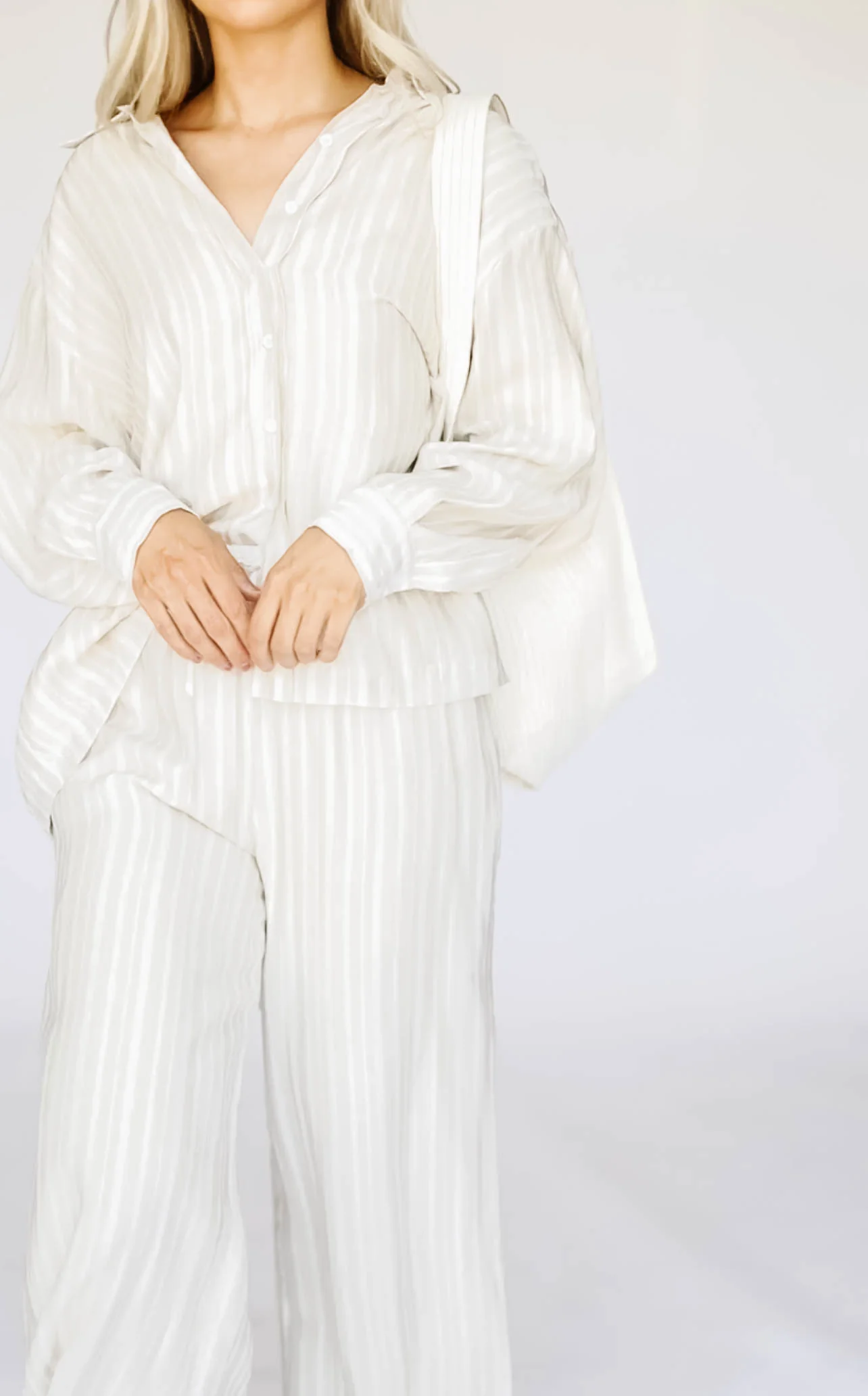 Sloane Striped Button-Down Shirt and Pants Set in Natural - Nursing Friendly - Iieemm