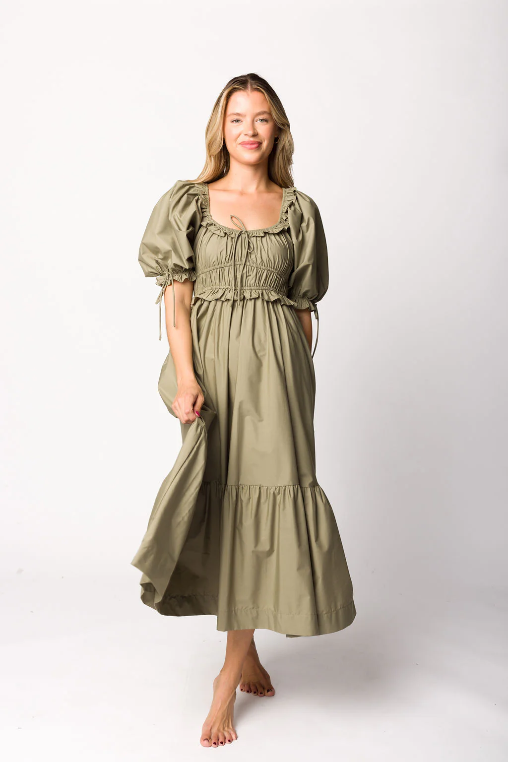 Crissy Ruched Midi Dress in Dusty Olive - Bump Friendly - Iieemm