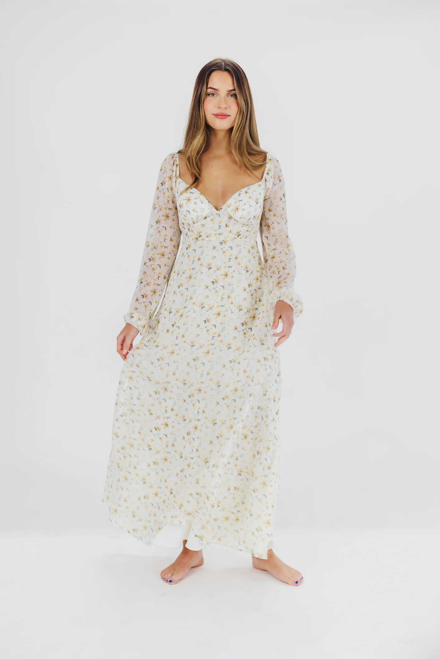 Parker Smocked Maxi Dress with Puffed Sleeves in Ivory/Yellow - Bump Friendly & Inclusive Sizing (S-3XL) - Iieemm