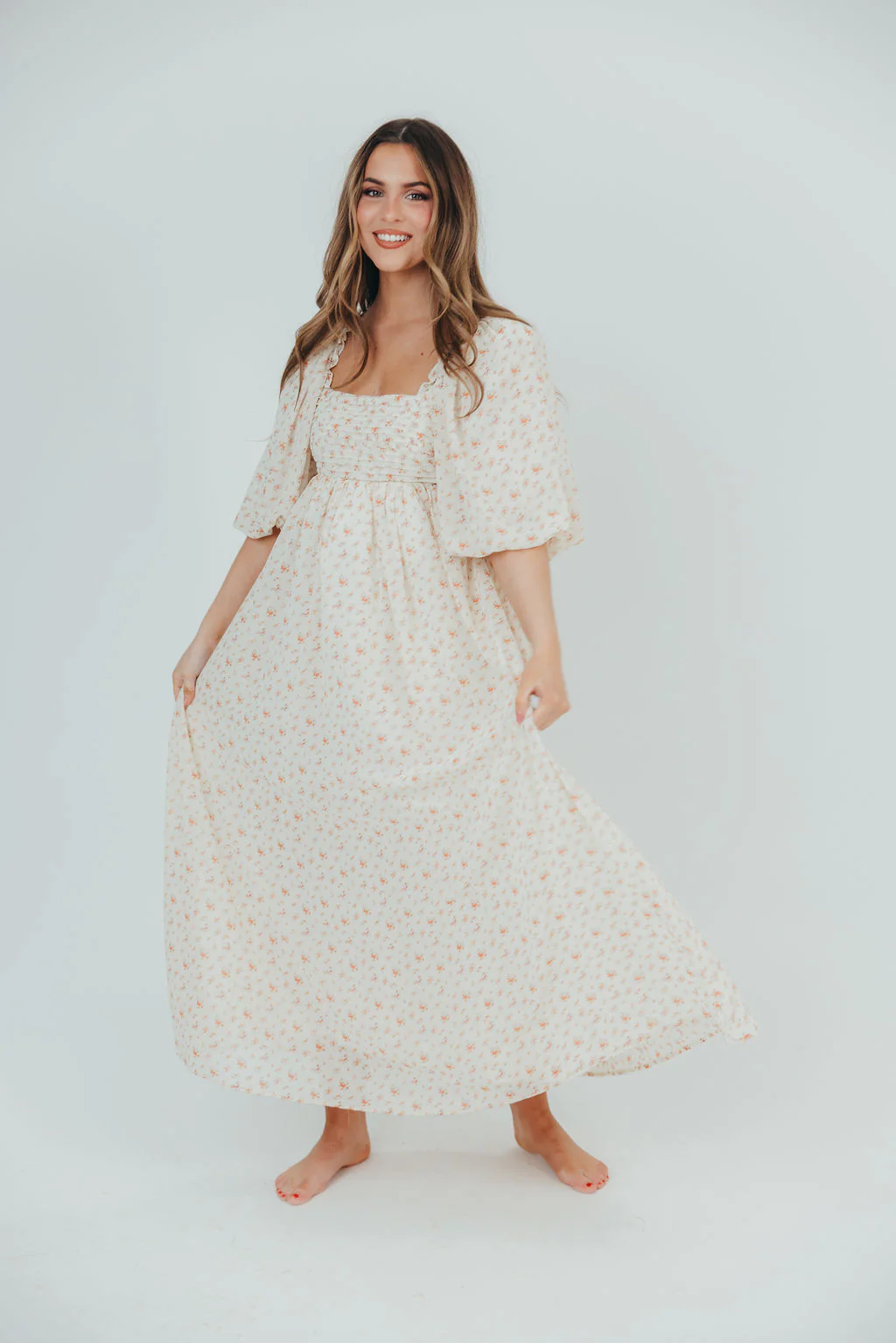 Melody Maxi Dress with Pleats and Bow Detail in Ivory Floral- Bump Friendly & Inclusive Sizing (S-3XL) - Iieemm